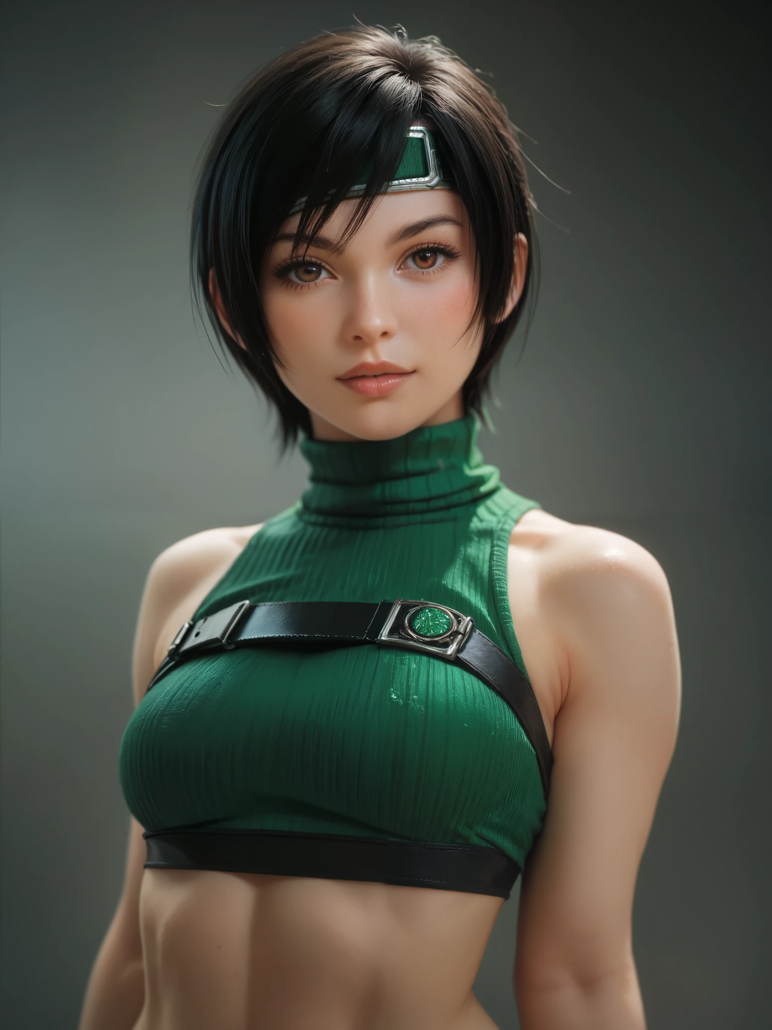 Kasumi Occupation: Martial Artist / Gamer Appearance: Slim and toned; beautiful skin; Short, spiky green hair with red highlights. Determined emerald eyes, athletic outfit: red and white baseball cap; colored crop top