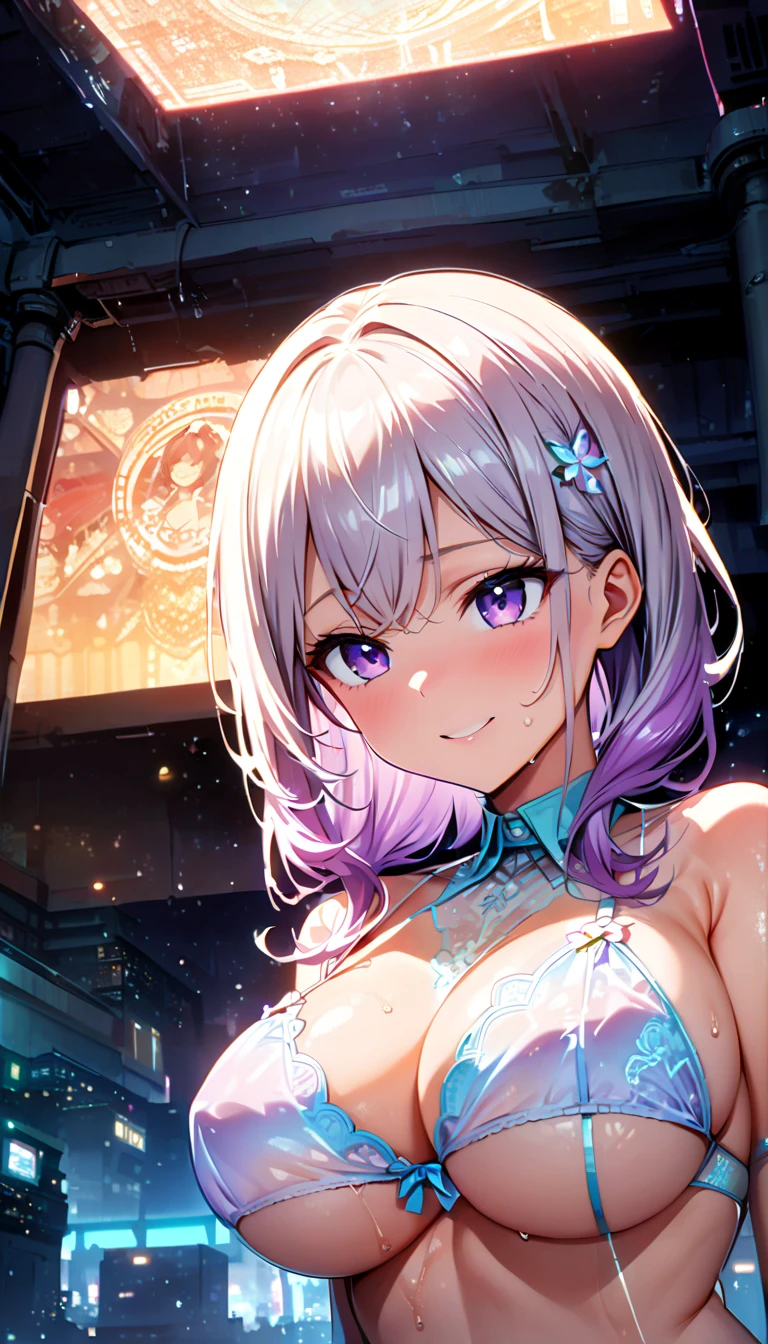 (Sexy dance:1.2).(Browsing Caution:1.3).(Huge breasts:1.1)(Sexy glitter holographic micro bikini:1.2)..Anime Holographic Silver Hair White Ribbon, , Beautiful character drawings, , Stunning anime face portrait handsome royal sister wolf ears