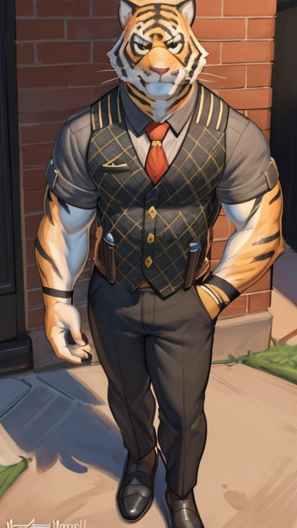 (( by zackary911 , by meesh, by meesh, envelopes, masterpiece, anatomía perfecta, decoladed picture )), 1 eyes , Bengal tiger, oscar ( Fortnite), lean muscle, adult, yellow sclera , black eyes, orange leather, black stripes, cola, black vest, gray undershirt , red tie, black pants , dress shoes , on the streets