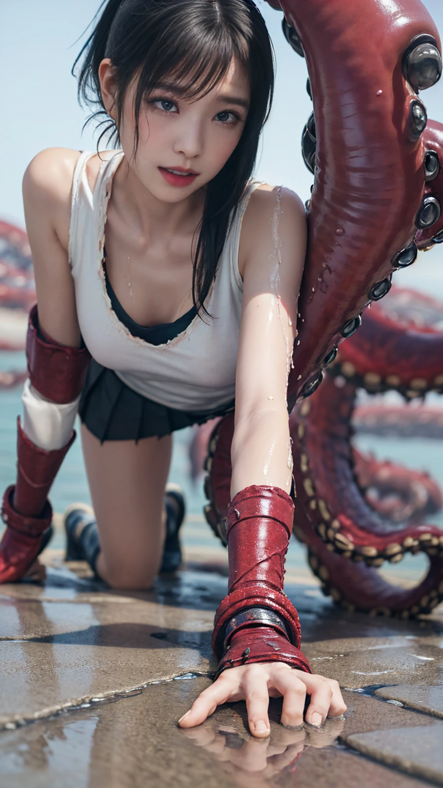 (8k、Highest quality、masterpiece:1.2)、(Realism、Photorealistic:1.37)、Ultra high definition、 Tifa restrained by tentacles、One elbow pad、Ankle boots、Tattered black skirt、Black thigh highs、Red Boots、And elbow gloves、Elbow pads、Fingerless Gloves、Suspender skirt、Tattered white tank top、ponytail、Long Hair、(((Tattered clothes、Too much exposure、Torn clothes、Torn skirt、Tattered Skirt、Cleavage、You can see the beautiful breasts,The whole body is wet、My whole body is wet)))、(((Tentacle Ground、Tentacles wrapping around the body、The tentacles wrap around the whole body、Surrounded by tentacles、The body is connected by many tentacles.、Hands tied with tentacles、The legs are tied with tentacles、Tentacles groping the whole body、Sexy pose、Seductive pose))),(Open your mouth、Scream、painでうめき声をあげる, painを感じ, Flowing Tears:1.5), pain, I&#39;m in pain and crying、A meat stick is stuck in his crotch、