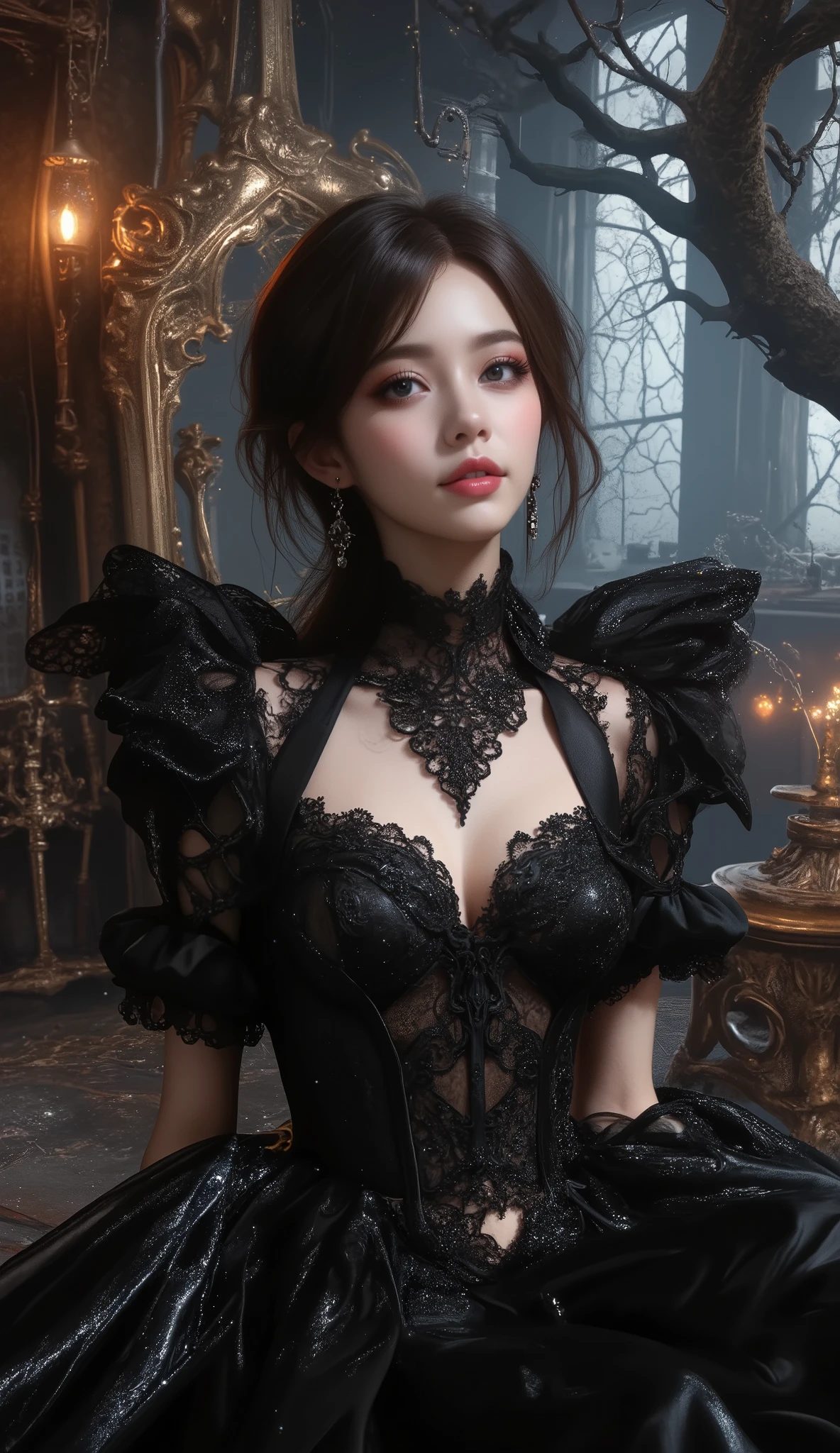  best quality , Super quality, 16k,  unbelievably absurd,  very detailed, 2.5D,  Delicate and Dynamic ,  Kiri Reina female,  enchanting smile, ,  great style , gothic style black long dress,  steampunk in English style,  DIESEL PUNK ,  clock punk ,  cyberpunk, Glitter effect,
A Day with My Gothic Girlfriend in a haunted mansion