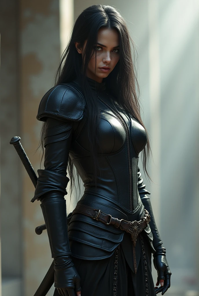 A strong tough woman with curly black hair brown eyes hourglass waist. Often wearing armor or dark leather clothing .
courageous. Angry and almost always rancid. With a malicious and a little cruel smile