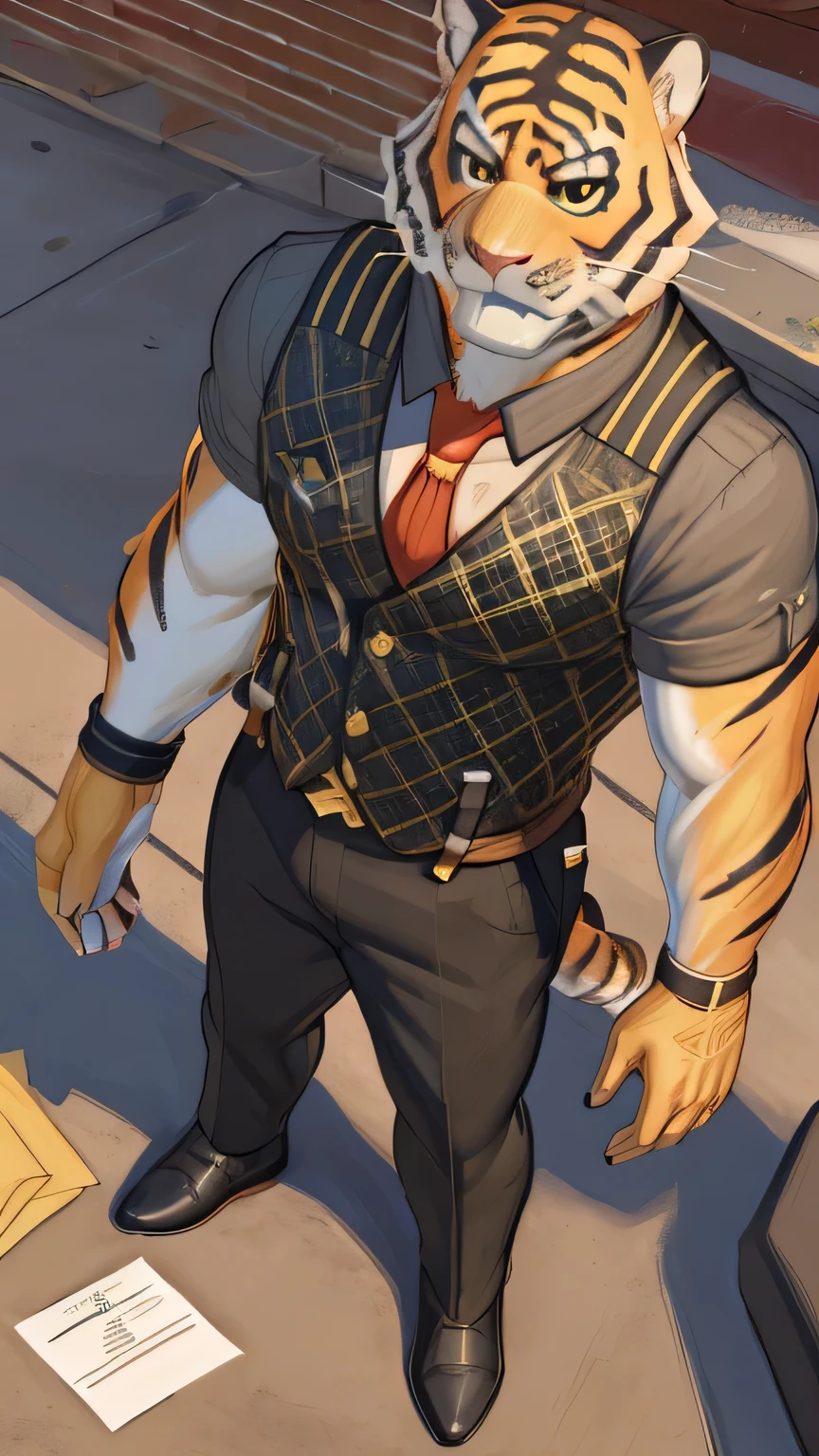 (( by zackary911 , by meesh, by meesh, envelopes, masterpiece, anatomía perfecta, decoladed picture )), 1 eyes , Bengal tiger, oscar ( Fortnite), lean muscle, adult, yellow sclera , black eyes, orange leather, black stripes, cola, black vest, gray undershirt , red tie, black pants , dress shoes , on the streets