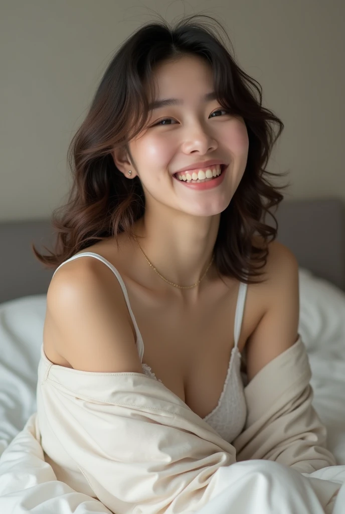 The image depicts a scene featuring a Japanese woman around 50 years old, with semi-long light brown hair and a chubby yet well-proportioned figure. She is seated on a bed, wearing luxurious white underwear paired with thin white pants. The focus is on her beautiful face, showcasing a kind smile and a mesmerizing gaze. The setting is indoors, with wooden flooring visible, and the lighting features diffused sunlight, creating a soft bokeh effect. The overall atmosphere conveys a sense of warmth and elegance, highlighting the woman’s sensual yet graceful appearance.