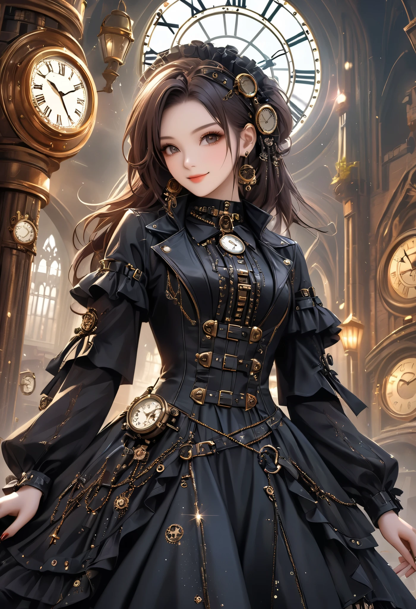 best quality , Super quality, 16k, unbelievably absurd, very detailed, 2.5D, Delicate and Dynamic , Kiri Reina female, enchanting smile, , great style , gothic style black long dress, steampunk in English style, DIESEL PUNK , clock punk , cyberpunk, Glitter effect,
A Day with My Gothic Girlfriend
