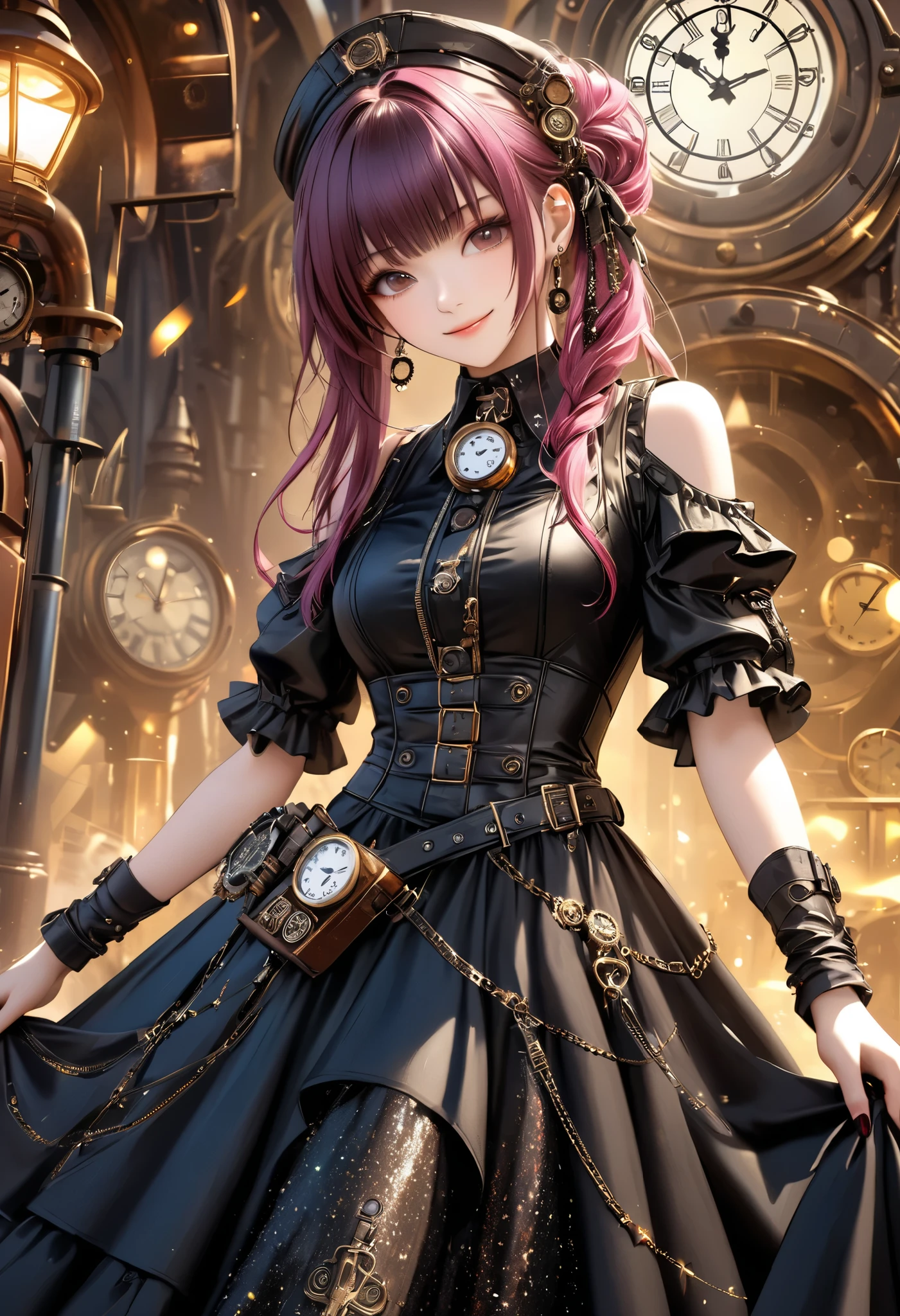 best quality , Super quality, 16k, unbelievably absurd, very detailed, 2.5D, Delicate and Dynamic , Kiri Reina female, enchanting smile, , great style , gothic style black long dress, steampunk in English style, DIESEL PUNK , clock punk , cyberpunk, Glitter effect,
A Day with My Gothic Girlfriend