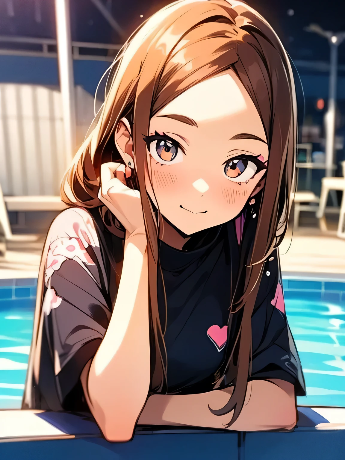 Alone,(leaning forward:1.2),(looking at viewer:1.3),upperbody,brown hair,forehead,closed up cute face,micro dot porka micro bikini,pool side,night,starry night,sexy idol pose:1.3, absolute domain:1.3, sensual,Water Drop,blush,makeup,eyelash, Masterpiece, Best Quality,(manga style),(sketch),(illustration),