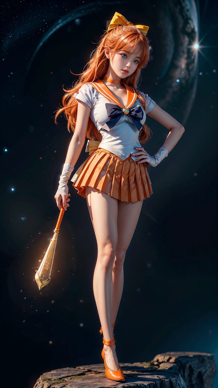 (sailor venus Aino Minako) Best quality, ultra-high resolution, masterpiece, (Realisticity: 1.6), 16K, (1girl with open navel), white stockings, full body shot, life scene
