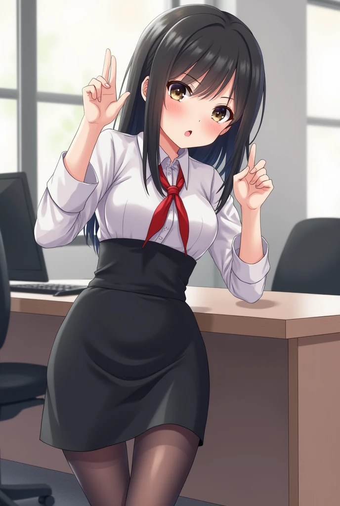 Company office, office worker, big breasted cheerleader, cheering.