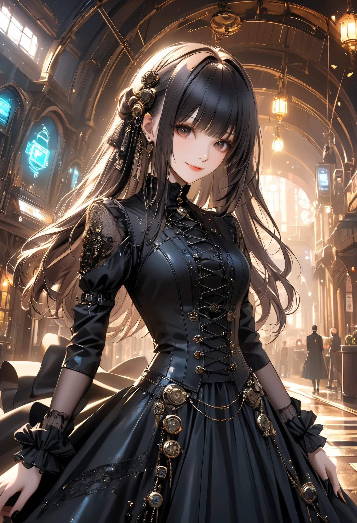 best quality , Super quality, 16k, unbelievably absurd, very detailed, 2.5D, Delicate and Dynamic , Kiri Reina female, enchanting smile, , great style , gothic style black long dress, steampunk in English style,,, cyberpunk, Glitter effect,
A Day with My Gothic Girlfriend