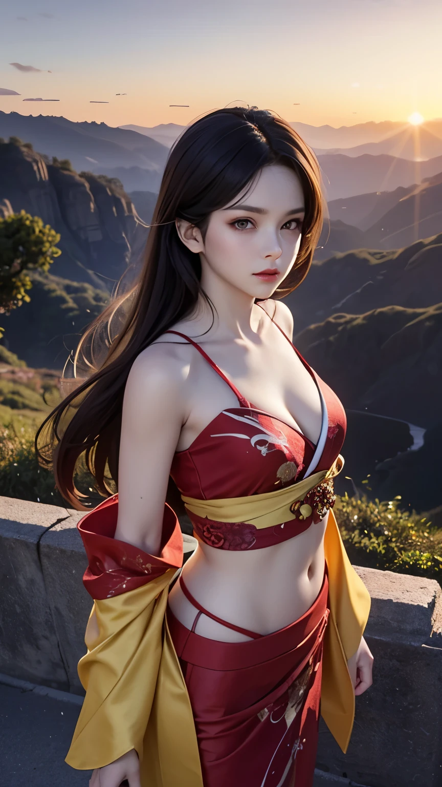 realistic, 1 women, best quality, 12k, HD, long hair, (big round breasts:1.5), cleavage, ponytail, necklace, jewelry, shorts, short jacket, slim hips, hair tie, yellow eyes, black hair, super detailed, Eye details, hair details, person details, mouth details, face details, breast details, clothes details, hair details, pants details, hand details, whole body