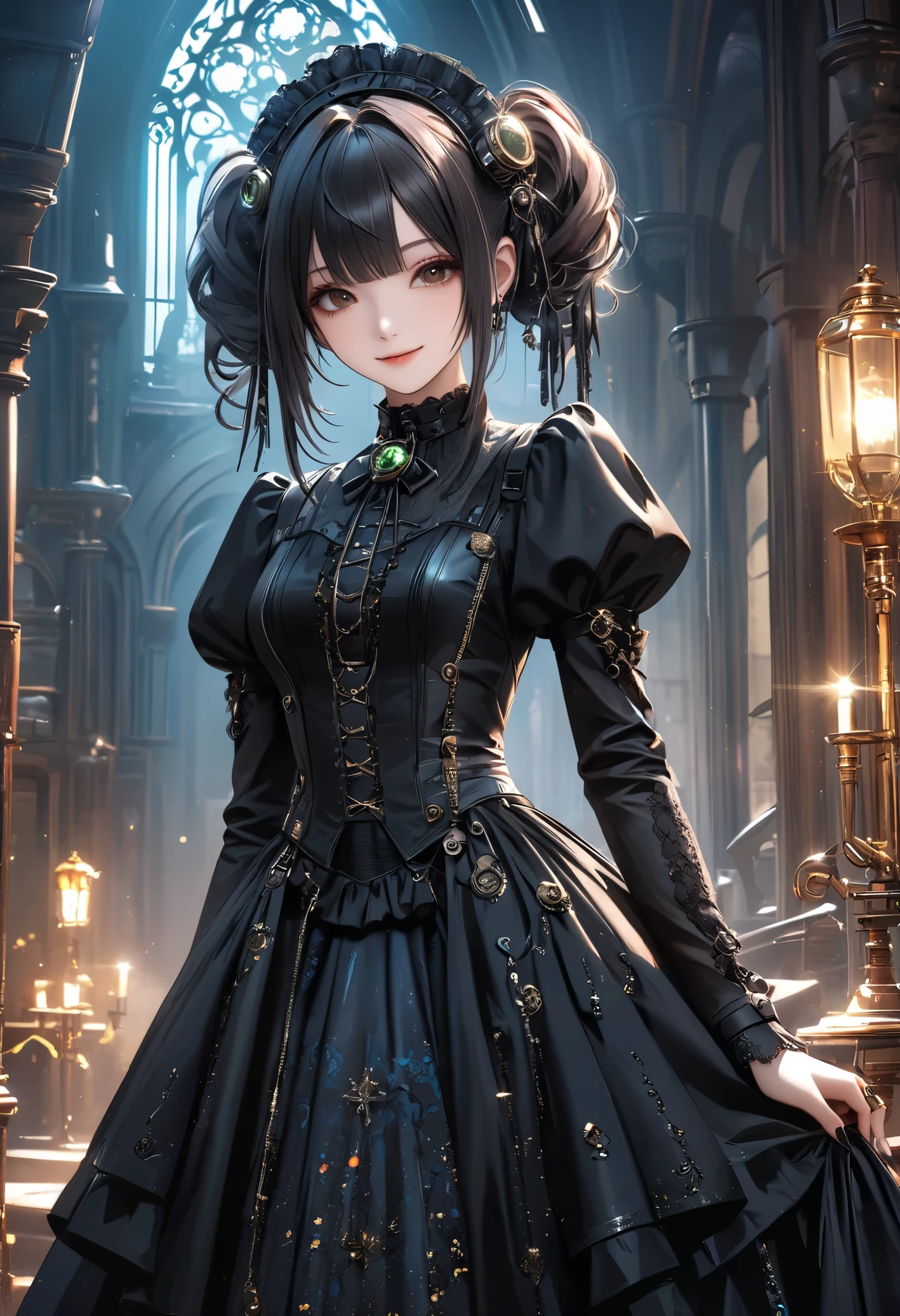 best quality , Super quality, 16k, unbelievably absurd, very detailed, 2.5D, Delicate and Dynamic , Kiri Reina female, enchanting smile, , great style , gothic style black long dress, steampunk in English style,,, cyberpunk, Glitter effect, A Day with My Gothic Girlfriend in a haunted mansion