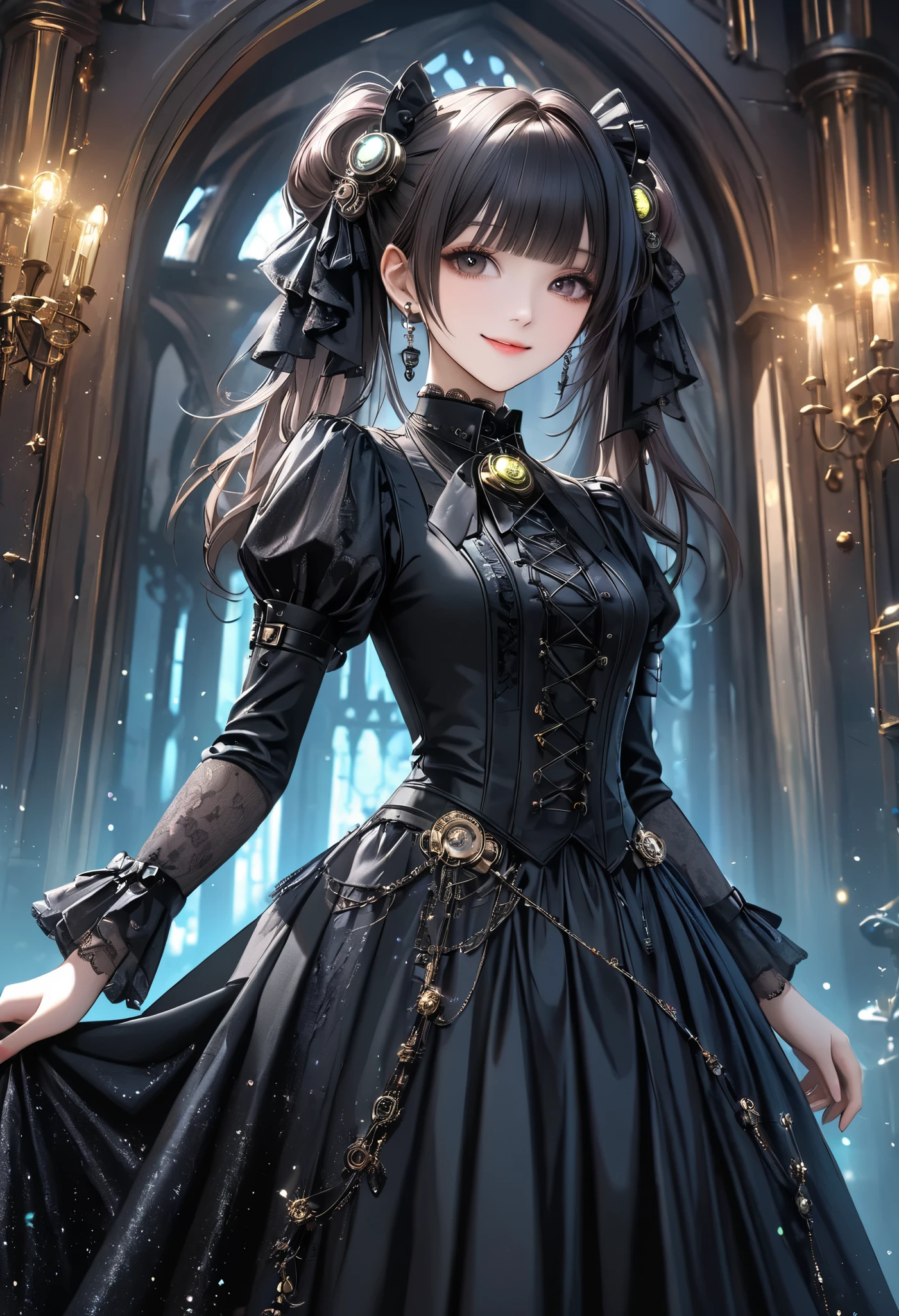 best quality , Super quality, 16k, unbelievably absurd, very detailed, 2.5D, Delicate and Dynamic , Kiri Reina female, enchanting smile, , great style , gothic style black long dress, steampunk in English style,,, cyberpunk, Glitter effect, A Day with My Gothic Girlfriend in a haunted mansion