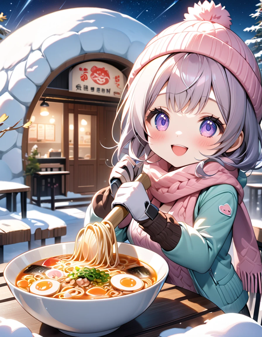 (masterpiece), ultra-detailed, best quality, clear focus, dramatic scene, (cinematic), shadow, ultra-high resolution, 8k, perfect , perfect face, detailed face, detailed eye, (chibi), cute Japanese chibi girl, famous Japanese chibi idol, very beautiful and cute and cool face, (wearing a cute pastel colored winter outdoor wear), (woolen scarf and glove and knit cap:1.2), (large ), showing an axe, (She is holding a huge axe and holding a huge ramen by the simple table in front of the ramen shop of snow igloo:1.3), huge bowl of gorgeous ramen, a cute giant fat cat is peeking its face from the ramen counter of a snow igloo:1.3), at the scenic mountain village covered with snow at night, professional lighting, (The lovely interior of the show igloo illuminated by warm lights), (the giant fat cat is mewing in the snow igloo:1.3), (detailed fat cats:1.3), she looks so happy, amazing view of the milky way with the snow mountains, Glittering Meteor Shower, leafless trees,