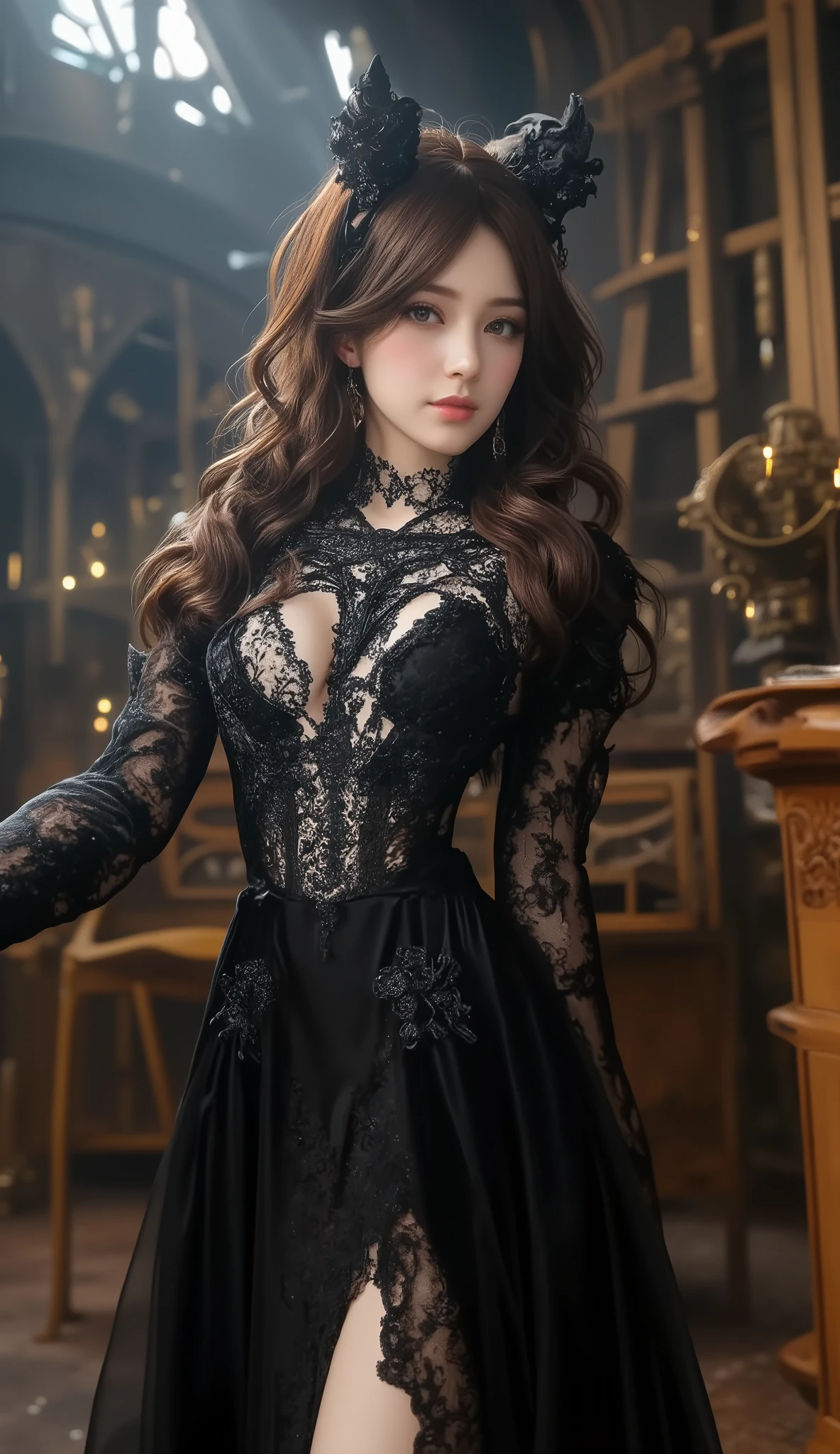  best quality , Super quality, 16k,  unbelievably absurd,  very detailed, 2.5D,  Delicate and Dynamic ,  Kiri Reina female,  enchanting smile, ,  great style , gothic style black long dress,  steampunk in English style,  DIESEL PUNK ,  clock punk ,  cyberpunk, Glitter effect,
A Day with My Gothic Girlfriend in a haunted mansion, tea party