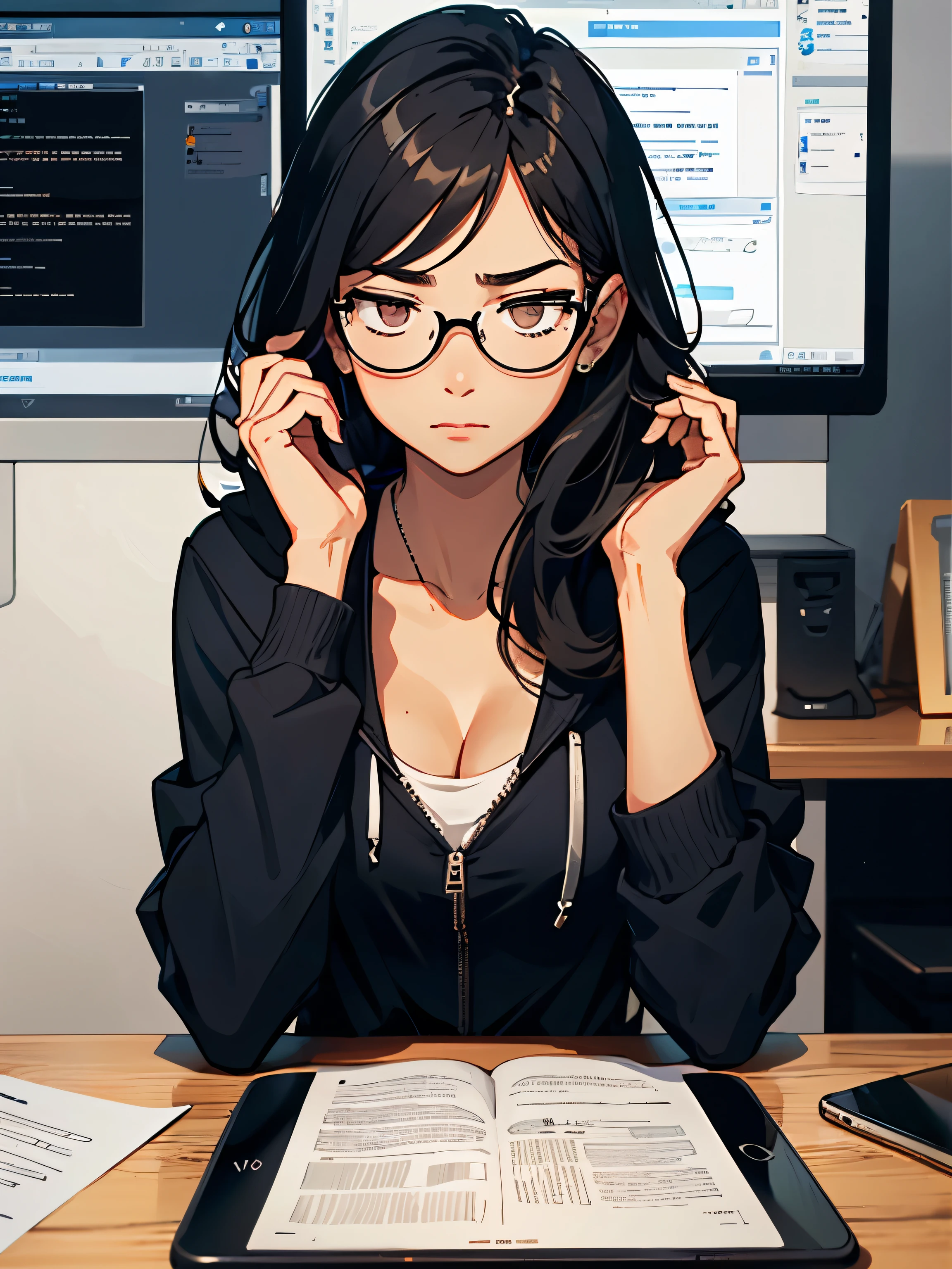 masterpiece, high quality, 1_woman, (upper body), mature, tall, beautiful, (tan skin_complexion:1.3), exotic, black long hair, brown colored eyes, dark eyeliner, looking at the viewer, (((worried face))), wearing glasses, ((sitting at computer desk)), holding stylus, medium_bust, cleavage, (thigh_gap), wearing black hoodie, jeans, hair ornament, (blue rose in hair), coffee mug, tablet on desk, phone on desk, dark computer room,