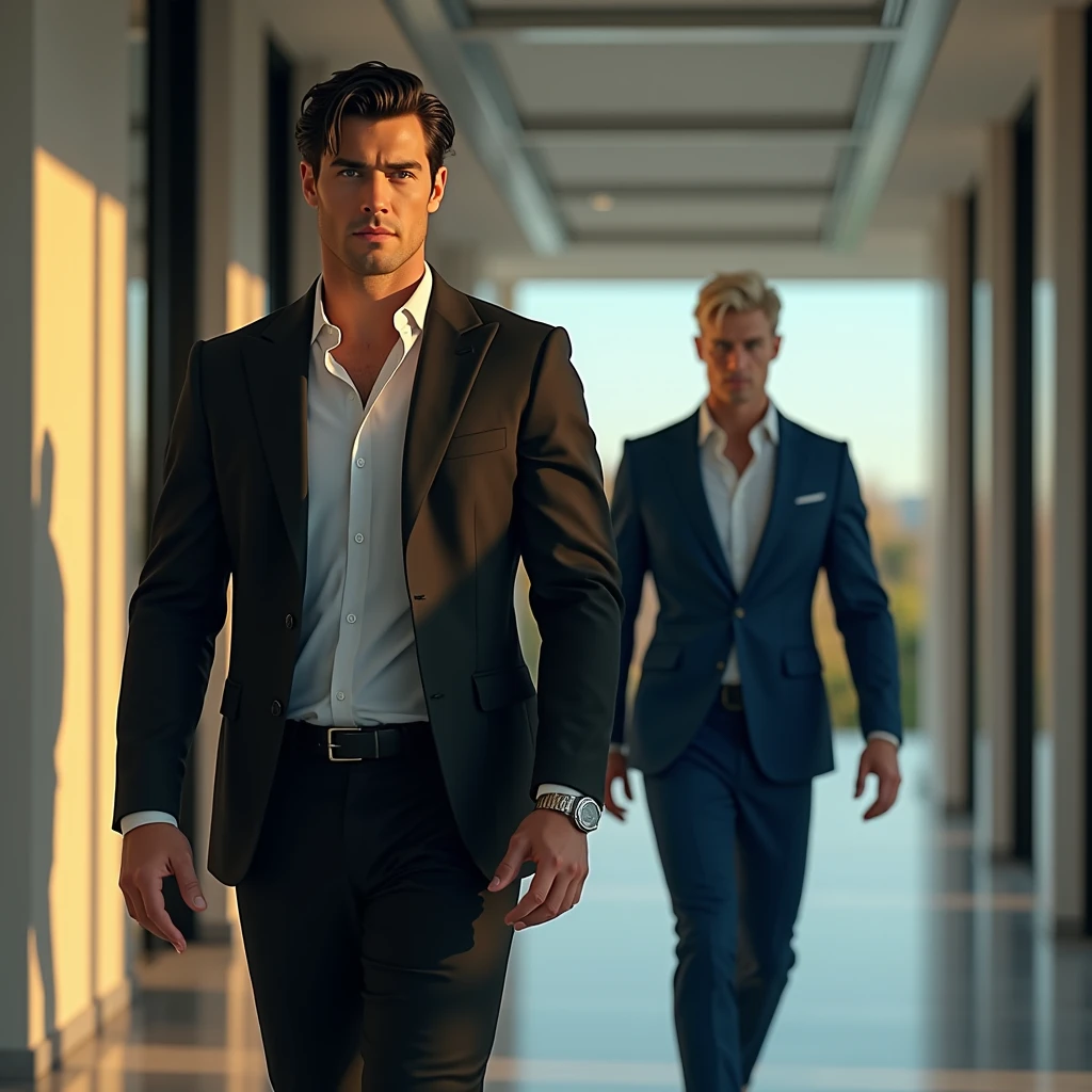 a beautiful young man with piercing blue eyes, perfect jawline, chiseled features, luscious brown hair, athletic muscular body, wearing a dark suit, standing in a dimly lit room, moody dramatic lighting, cinematic composition, (best quality,4k,8k,highres,masterpiece:1.2),ultra-detailed,(realistic,photorealistic,photo-realistic:1.37),dramatic lighting,cinematic,high fashion,masculine,elegant