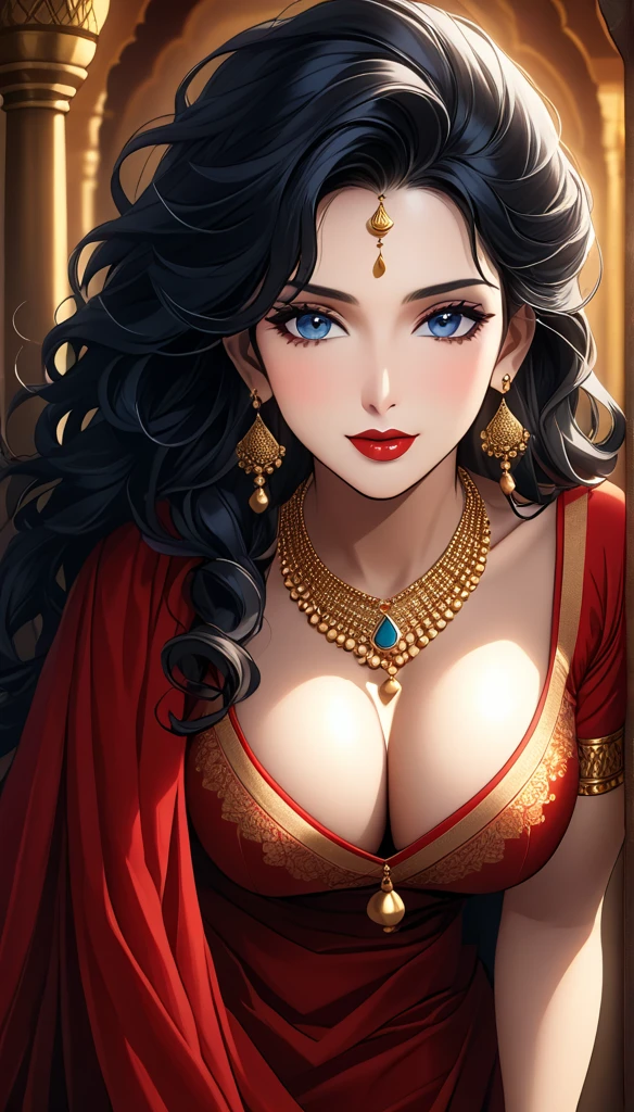 beautiful young woman, jhumka earrings, diamond necklace, long necklaces, makeup, big earrings, red lipstick, kurti, pajama, dupatta, long hair, blue eyes, cleavage, (best quality,4k,8k,highres,masterpiece:1.2),ultra-detailed,(realistic,photorealistic,photo-realistic:1.37),highly detailed portrait, intricate details, exquisite skin texture, dramatic lighting, cinematic composition, vivid colors, warm color palette, bracelet, nail polish,long nails,backless, smiling,full body view