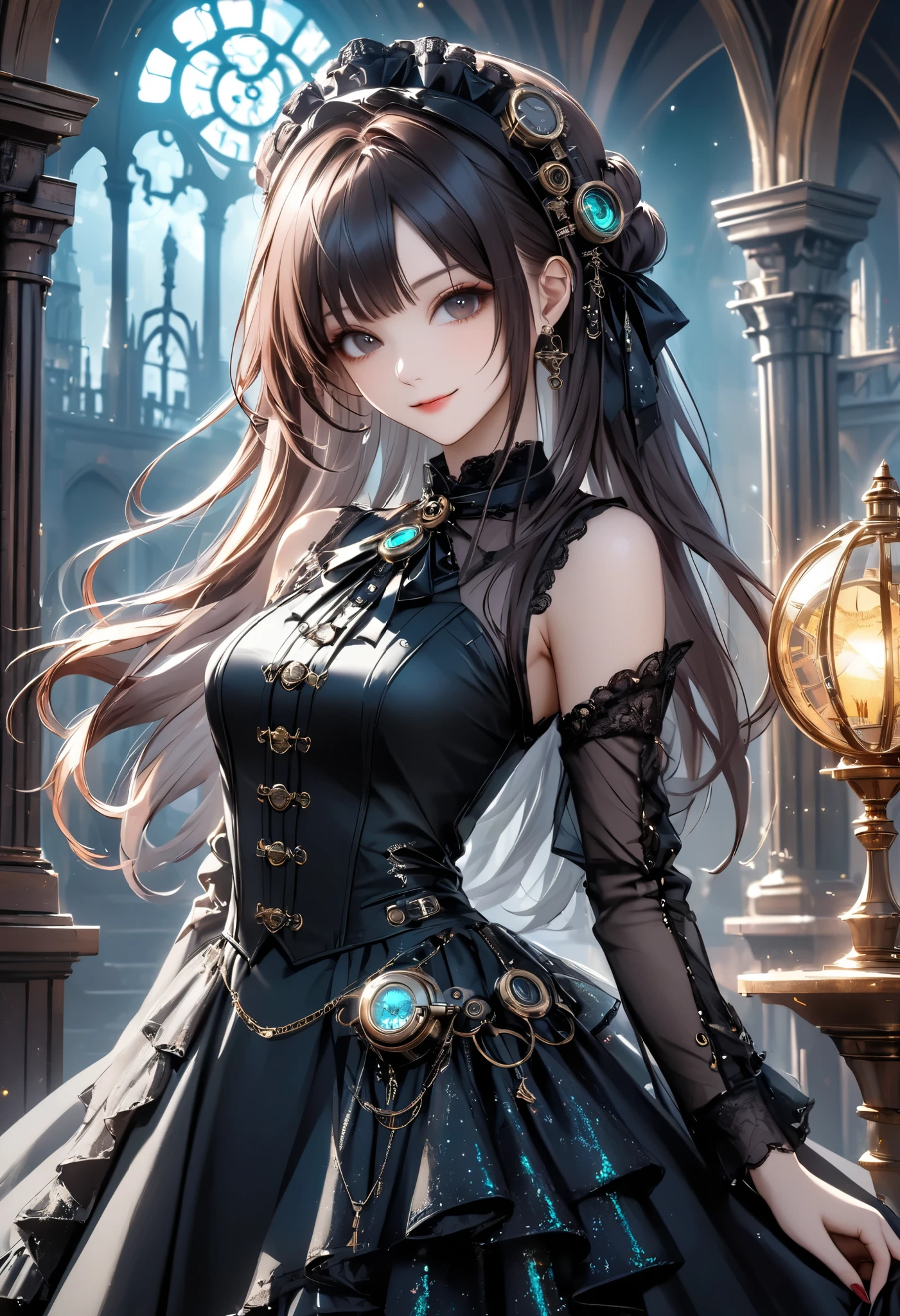 best quality , Super quality, 16k, unbelievably absurd, very detailed, 2.5D, Delicate and Dynamic , Kiri Reina female, enchanting smile, , great style , gothic style black long dress, steampunk in English style,,, cyberpunk, Glitter effect, A Day with My Gothic Girlfriend in a haunted mansion