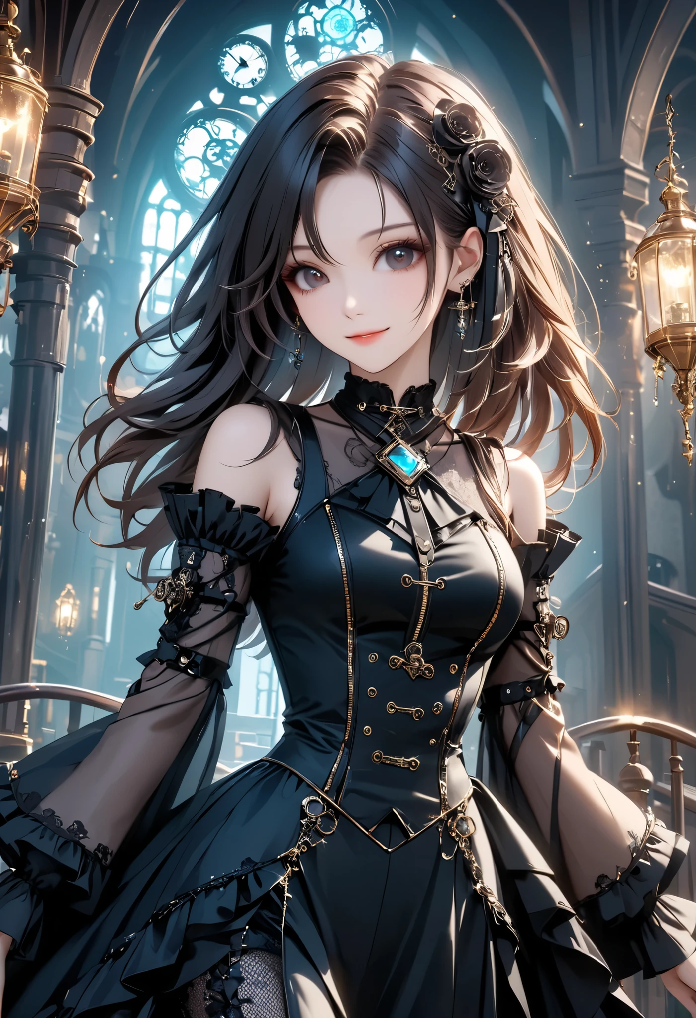 best quality , Super quality, 16k, unbelievably absurd, very detailed, 2.5D, Delicate and Dynamic , Kiri Reina female, enchanting smile, , great style , gothic style black long dress, steampunk in English style,,, cyberpunk, Glitter effect, A Day with My Gothic Girlfriend in a haunted mansion