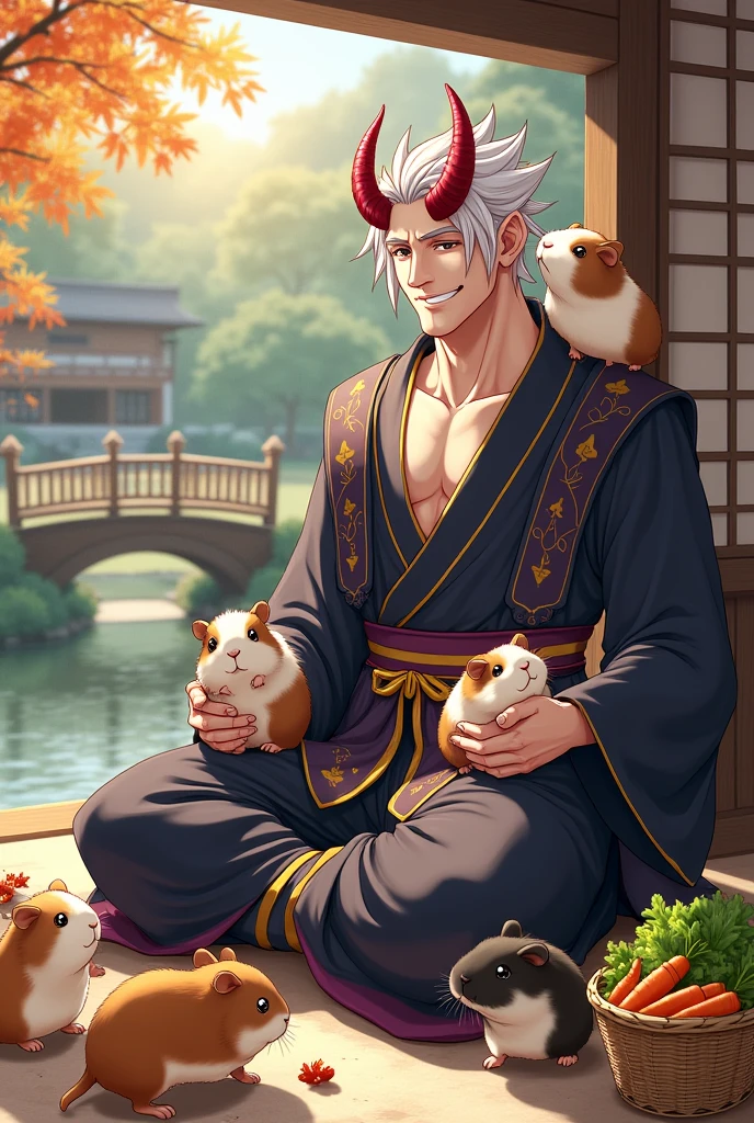 Description of the Enlightenment :
Main character: Arataki Itto is an oni of great height and musculature , with light skin, white hair and prominent red horns . He usually wears a traditional Japanese outfit adapted to his style , including a dark layer with details in gold and purple , and baggy pants.
Scenery: A traditional Japanese garden during a sunny afternoon . The environment includes a small pond with koi tents , Japanese maple trees and an arched wooden bridge . In the background, you can see a tea house with sliding paper doors .
Interaction with guinea pigs : Arataki Itto is sitting on the floor , with a cheerful and relaxed expression , surrounded by several guinea pigs of different colors and sizes . A brown and white guinea pig is in his lap , while another with black and beige fur is on his shoulder , oddly smelling their horn . Other guinea pigs run around him , exploring the area .
Detalles adicionales: Close to Itto , there is a small basket with fresh vegetables , like carrots and lettuce leaves , that he has been using to feed to guinea pigs . A guinea pig Particularly mischievous is trying to reach a carrot that sticks out of the basket . Sunlight filters through the leaves of the trees , creating a warm and welcoming environment .
This scene seeks to highlight the tender and friendly side of Arataki Itto , showing her connection with small creatures and her enjoyment of simple moments in a quiet environment.