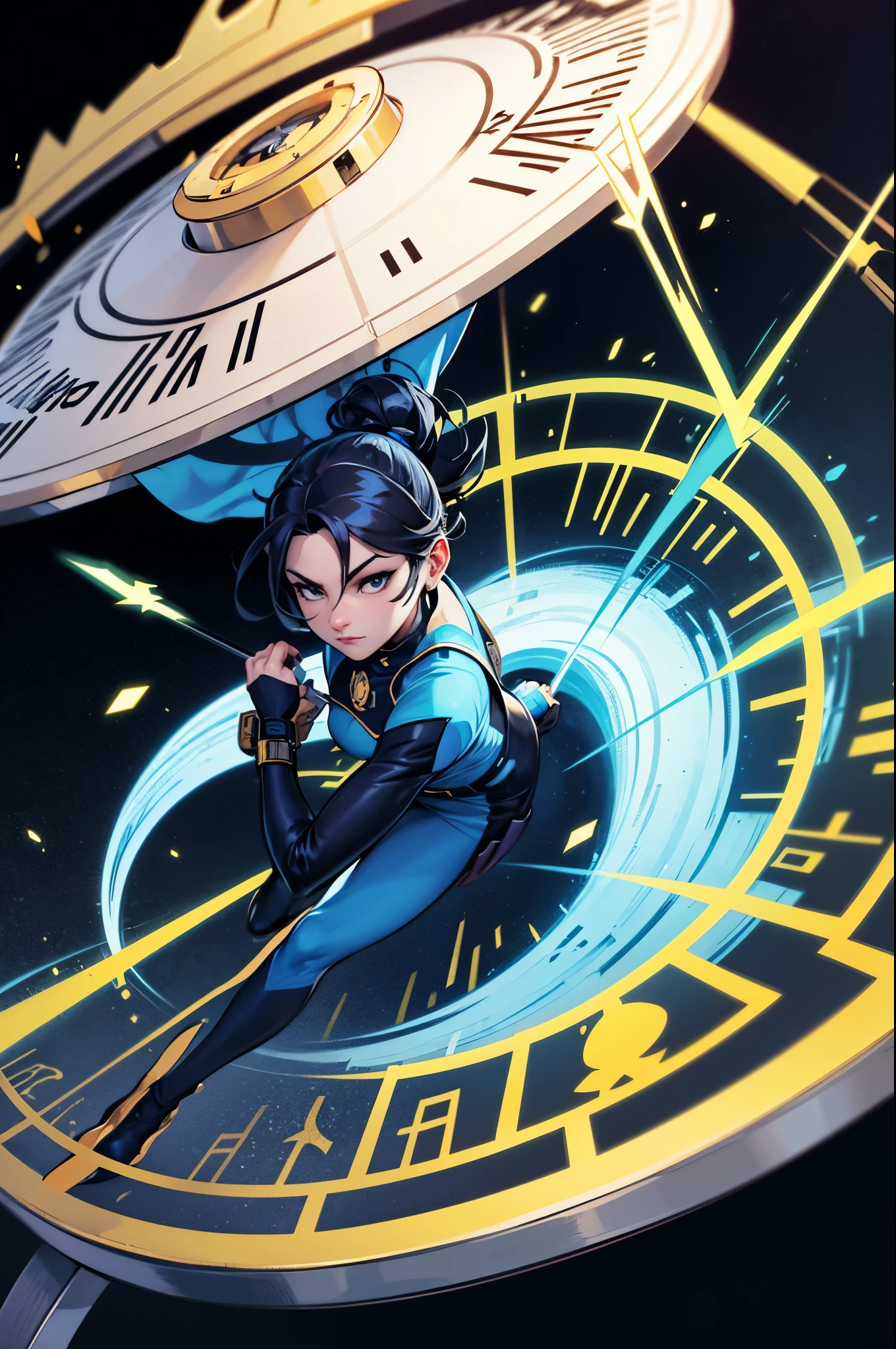  A set of four minimalist vector symbols with the theme of time control , } designed for represent the distinct abilities of a character in a futuristic shooting game.  Each symbol has stylized and geometric details :

 Time Backflow :  A circle with a spiral arrow returning to the center ,  representing the reverse flow of time .  Small strokes around the circle suggest markings of a watch .
 Time Stop :  A watch with frozen hands in a perpendicular position  (12h and 3h ),  surrounded by straight lines that gently disintegrate ,  giving a sense of suspension .
 Time Deceleration :  An inverted triangle with elongated lines coming out of the base ,  symbolizing a decelerated movement . inside,  an hourglass stylized with particles falling slowly .
 Time Acceleration :  A stylized watch with a pointer highlighted in fast motion ,  surrounded by dynamic lines that suggest speed and increasing energy .
 Each symbol uses a blue and gold color scheme ,  with soft gradients that reinforce the technological .  The designs have clean edges and distinct shapes ,  perfect for use in game interfaces or themed items .