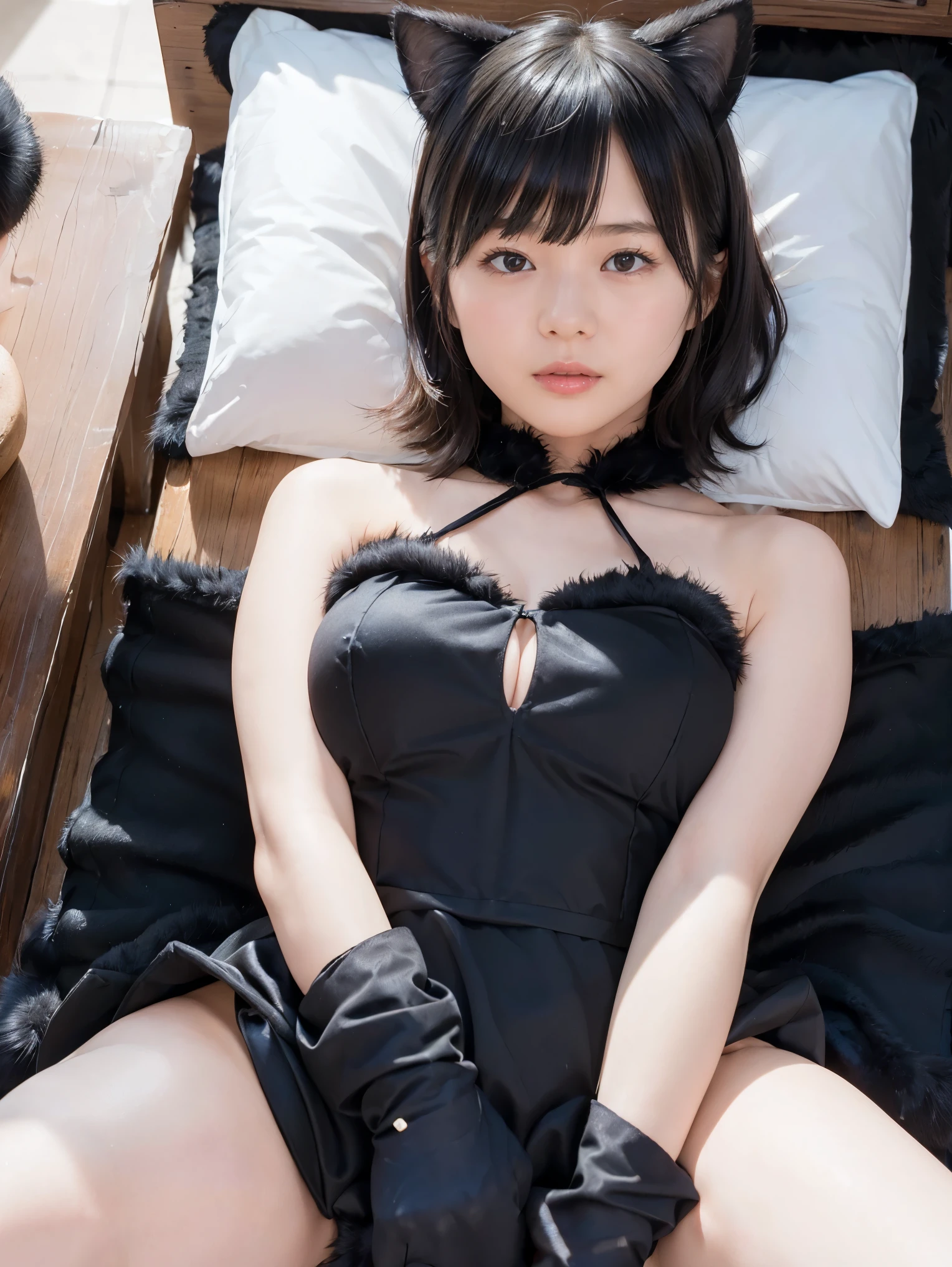 8k、    High Quality    、  More details  、    short hair with bangs that raise the knee a lot 、(    cute、    beautiful、    beautiful:1.5),(bedroom:1.3)、(((  sleeps on her back :1.5))),(((whole body、 black dress 、   black costume、  Black Glove  、Fur dress、Cat ears、Close your knees:1.4)))、(24 year old     cute )、(((  sleeps on her back 、  stretch your legs:1.5)))、    beautiful足、Gentle lighting、A face that feels、    beautiful、((１people々々々))、((    cute sexy pose))、photograph、    realistic、(((緻密で    beautiful目、緻密で    beautiful手、  More details  な手))),    hyperrealism、   High Contrast   、Max image       、   top quality  、Small details、Very politely,    beautiful女性,   high resolution face 、    realistic、    beautiful女性,   high resolution face 、20 years old,     Delicate Facial Features   