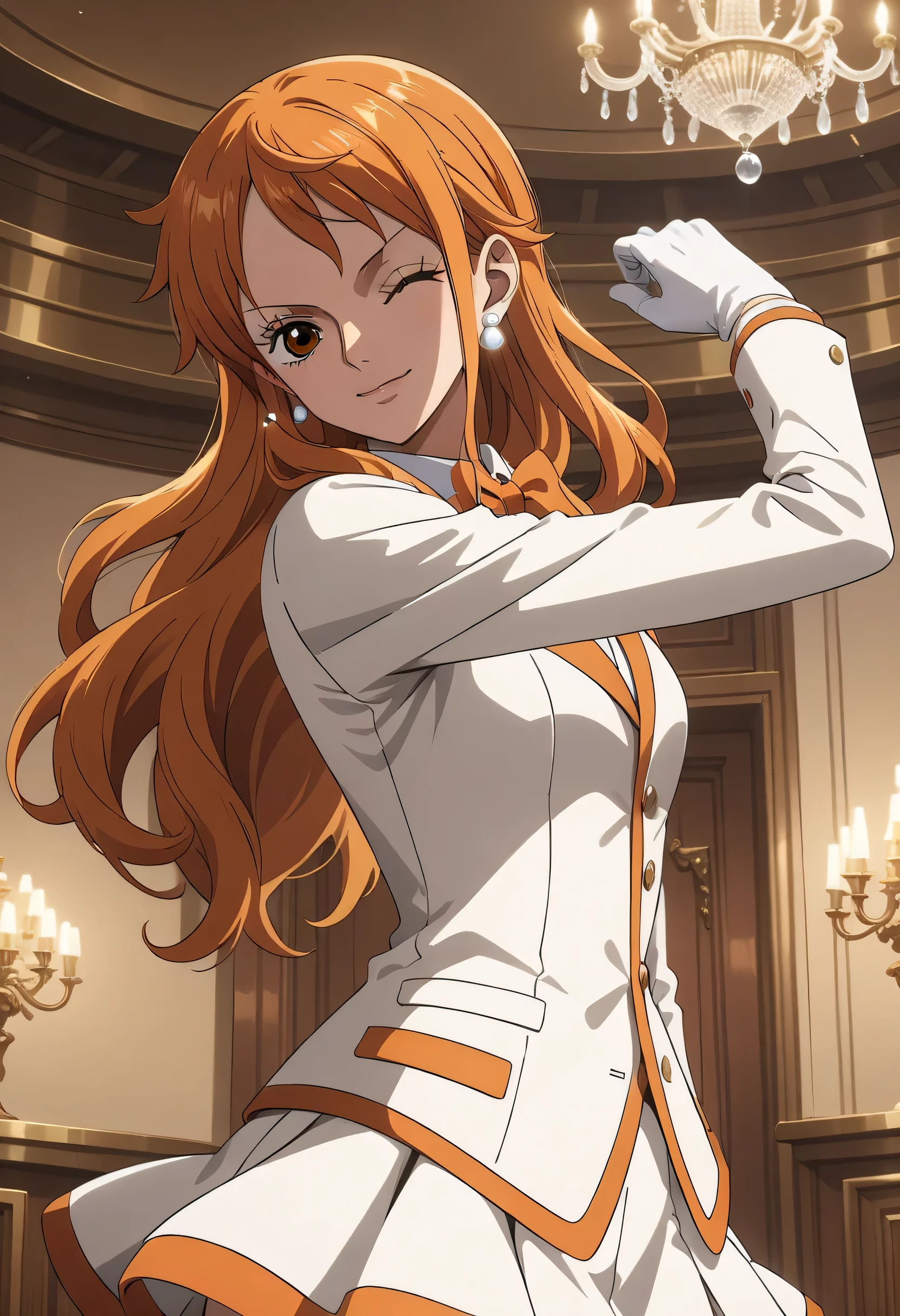 (masterpiece, best quality, very aesthetic, ultra detailed), intricate details, 4k, aanami, long hair, orange hair, earrings, brown eyes, (very large white silk top hat with orange trim, (white tuxedo with orange trim and long sleeves), white miniskirt, orange bowtie, white gloves, (dapper), anime style, indoors, chandelier, standing, cowboy shot, coy smile ,looking at viewer, eyes closed, dynamic pose
