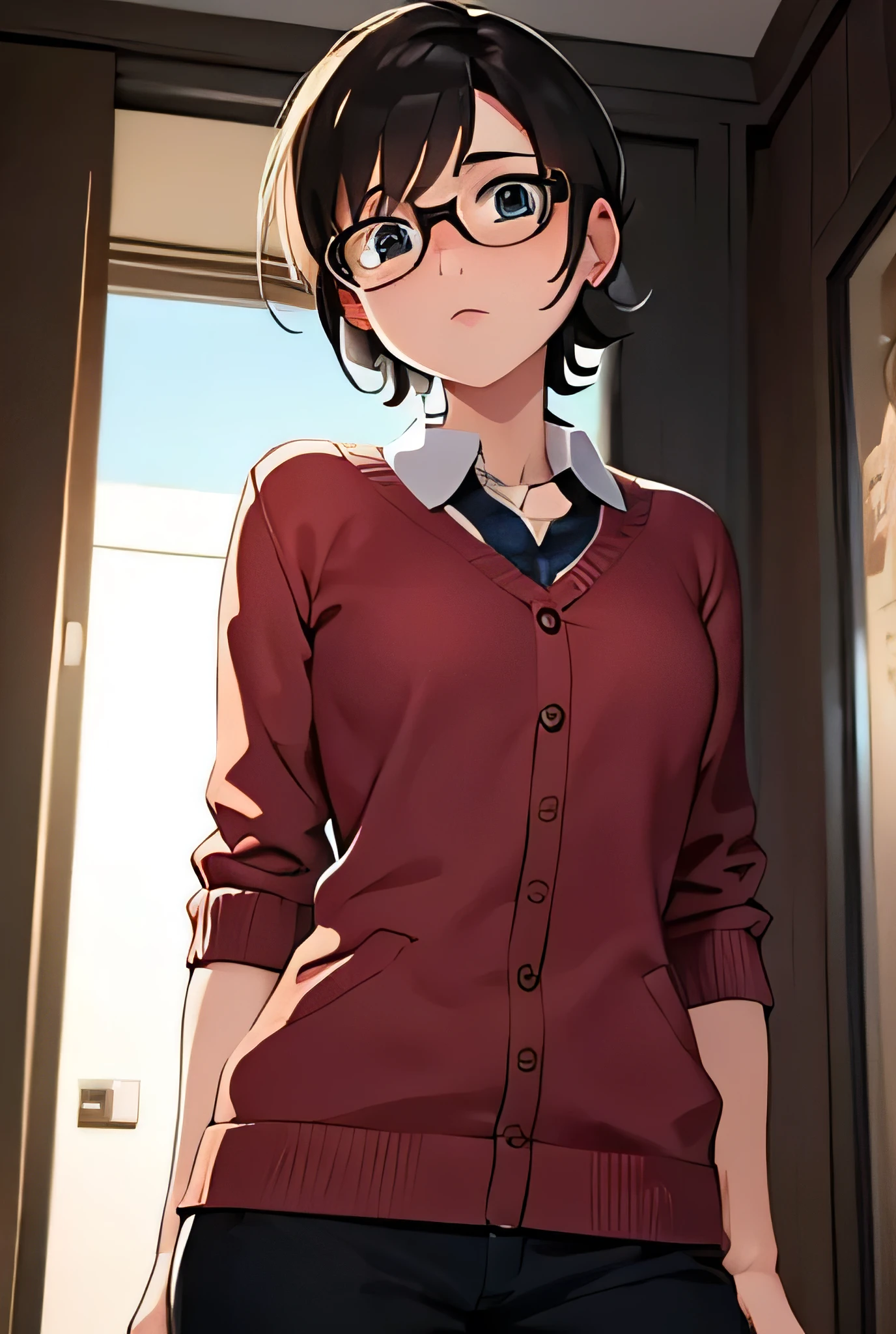 Create an image of a real nerd girl, like really really nerdy, the nerdiest the better, resembling Aunt Cass Hamada