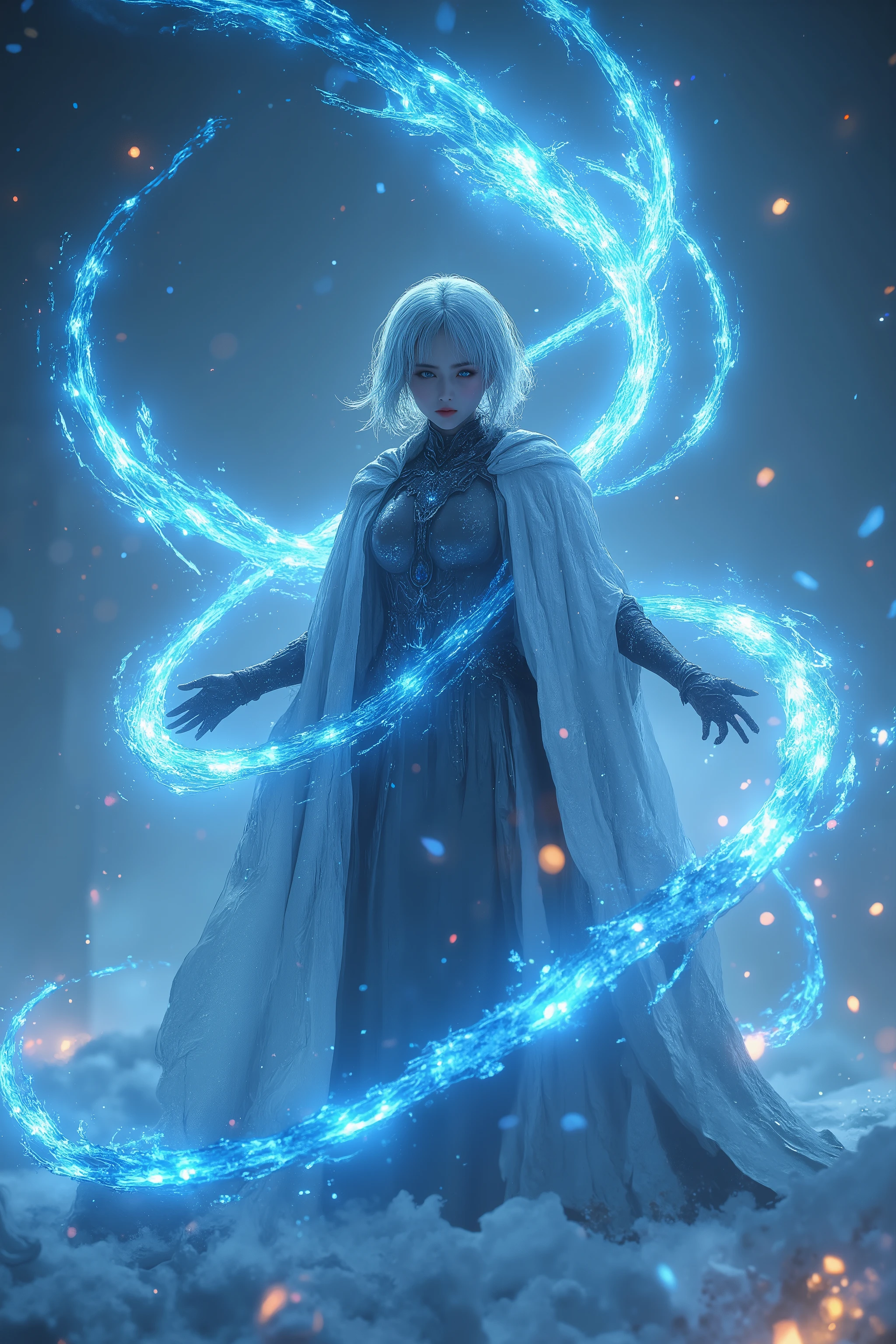 young woman casting an ice spell, ice power in the form of a frost snake that circles around the character, big blue eyes, beautiful face, rather short mage clothes, no hat, short white hair, scar on the eye, different colored eyes, motion effects, better quality, better light, best color, dynamic posture, snowstorm background, blur effects