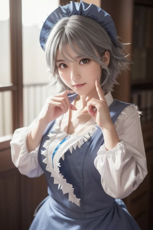((16 Nights Sakiya)), ((Touhou Project)), Cosplay, 20-year-old woman, (((gray hair)), ((medium spiky hair)), ((blue maid outfit)), ((white blouse)), midchest, (light)))), (pose))), (photorealistic photo: 1.3), rim lighting, (high detail skin:1.2), 8K UHD, dslr, high quality, high resolution, 4K, 8K, Bokeh, Absurdity, Best ratio four fingers and one thumb, (Real:1.3), Cutest 1 Girl, Lots of Knives