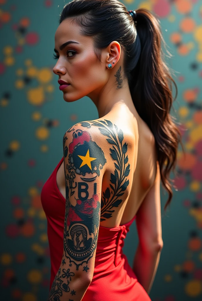 (Reggae-themed tattoo on the back of a reggae star admirer)、Back Tattoo、Ultra-realistic、4K、Photorealistic、Cinematic lighting、Dramatic Chiaroscuro、Intricate details、Vibrant colors、Reggae music、like々New Energy、Tattoo Artist、Body Art、Detailed skin texture,sexy body , thick and beauty,broad back ,light american skin