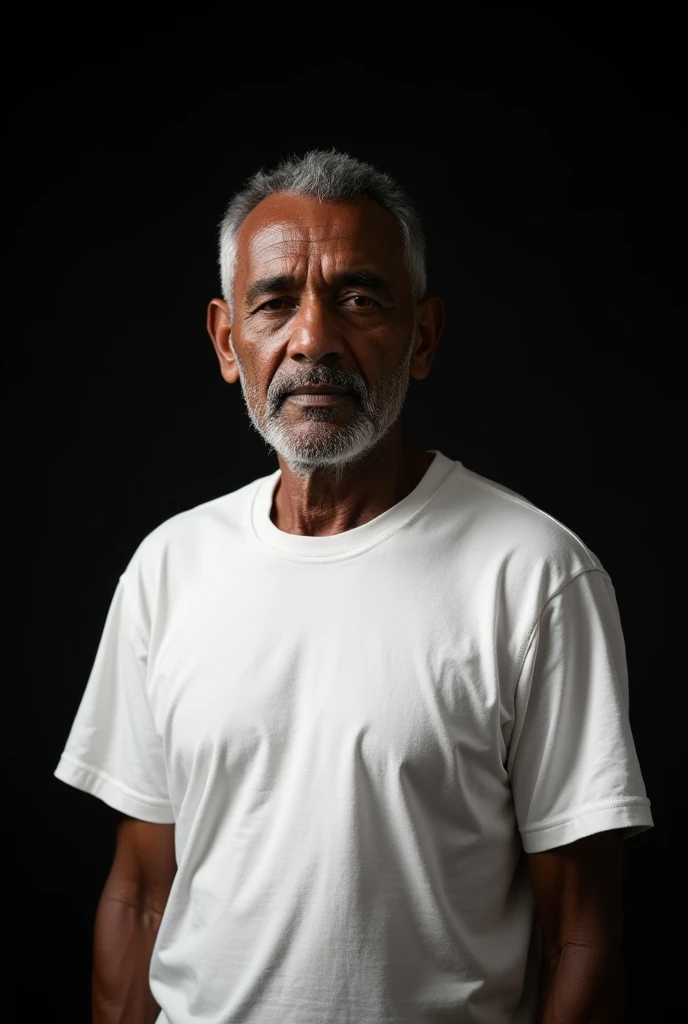 um homem mais velho na casa dos 50 anos, cabelo curto e branco, barrigudo e acima do peso com uma camisa branca, ((Corpo inteiro)), Ultra realista
