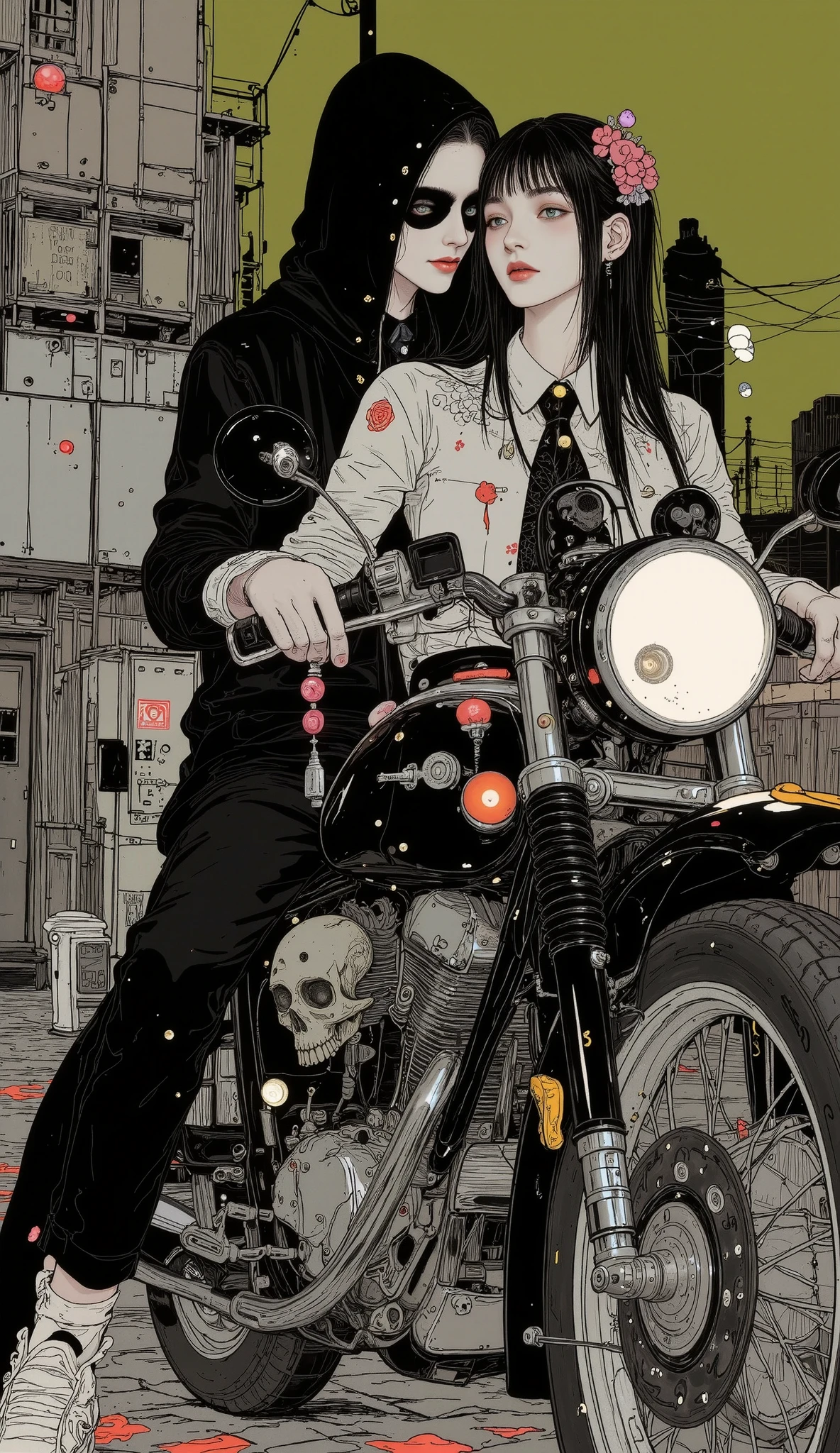 manga digital illustration style :1.5, A heterosexual goth couple from manga :1.5 , A heterosexual goth couple from manga :1.5 , A day with my goth girlfriend riding a black bike with gothic skulls and gothic ornaments everywhere, night background, Gotham :1.55, desperation , full body, highly detailed , seeds, sharp focus, 8K, high definition resolution , line art illustration , abstract black and white :1.3, The art of meat by Griffiths and Wadim Kashin , olive green background