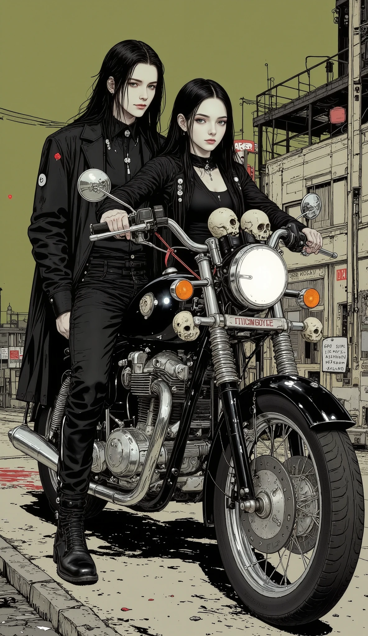 manga digital illustration style :1.5, A heterosexual goth couple from manga :1.5 , A heterosexual goth couple from manga :1.5 , A day with my goth girlfriend riding a black bike with gothic skulls and gothic ornaments everywhere, night background, Gotham :1.55, desperation , full body, highly detailed , seeds, sharp focus, 8K, high definition resolution , line art illustration , abstract black and white :1.3, The art of meat by Griffiths and Wadim Kashin , olive green background