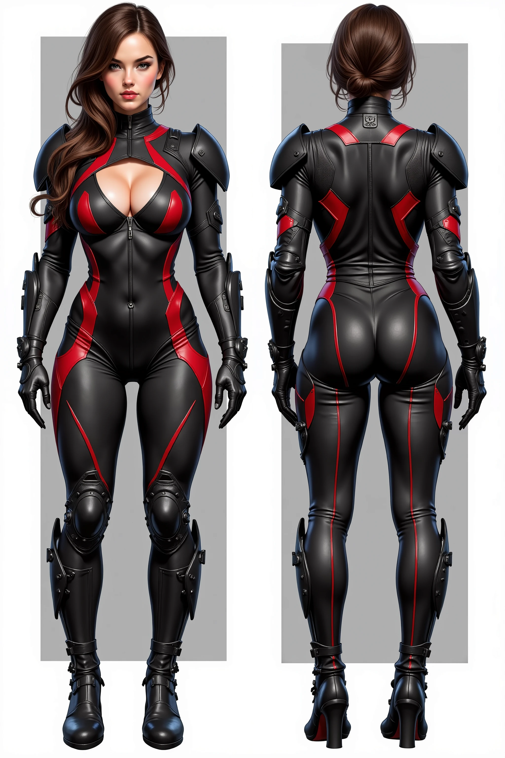 'full body images of a beautiful young female special forces operative in a tight fitted suit, black and red, with armor and reinforcements, super athletic and sexy feminine body, big breasts, big muscles, long hair'.