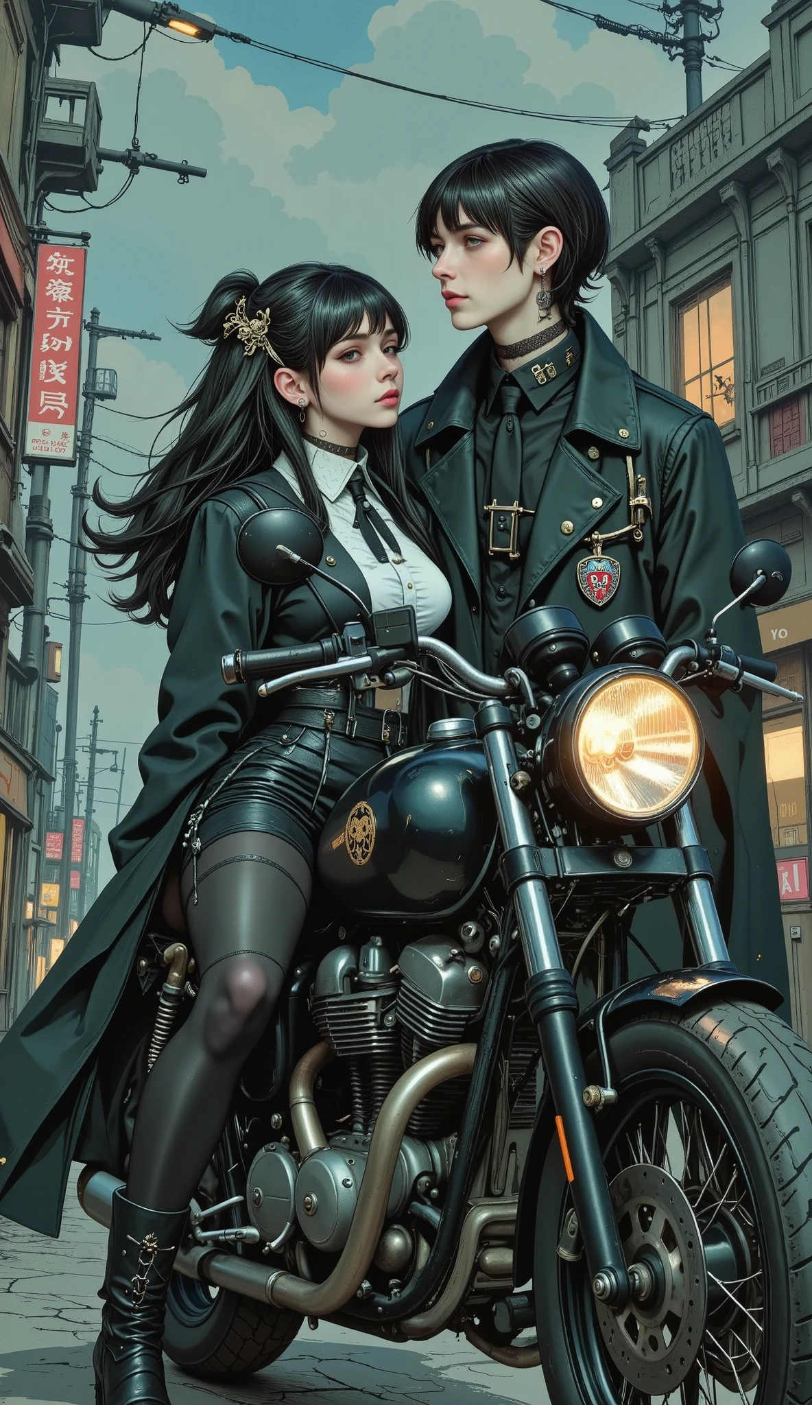 manga digital illustration style :1.5, A heterosexual goth couple from manga :1.5 , A heterosexual goth couple from manga :1.5 , A day with my goth girlfriend riding a black bike with gothic skulls and gothic ornaments everywhere, night background, Gotham :1.55, desperation , full body, highly detailed , seeds, sharp focus, 8K, high definition resolution , line art illustration , abstract black and white :1.3, The art of meat by Griffiths and Wadim Kashin , olive green background
