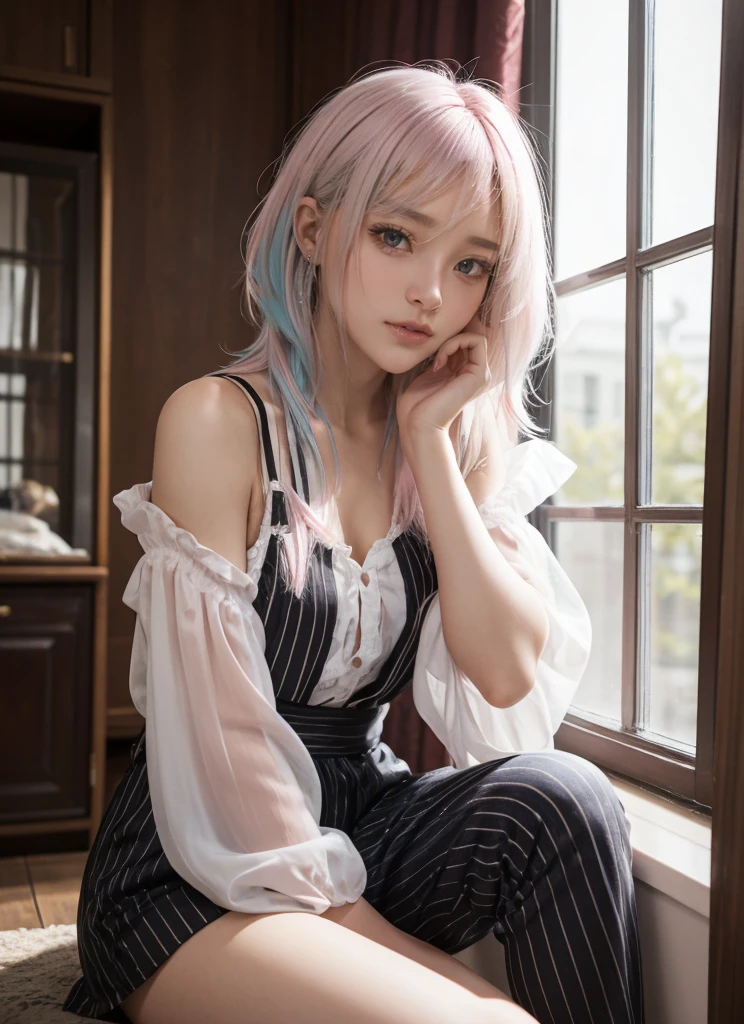 silk transparency，high score hair、individual, 26years old， A young  girl  with silver hair ( pink stripe  dye hair )biting  her  lip，Sitting position，towards the camera)，(didn&#39;t bring it)，Sitting position，crotch top，fascinating，high heel， long legs,  thigh muscles，back lit , from behind