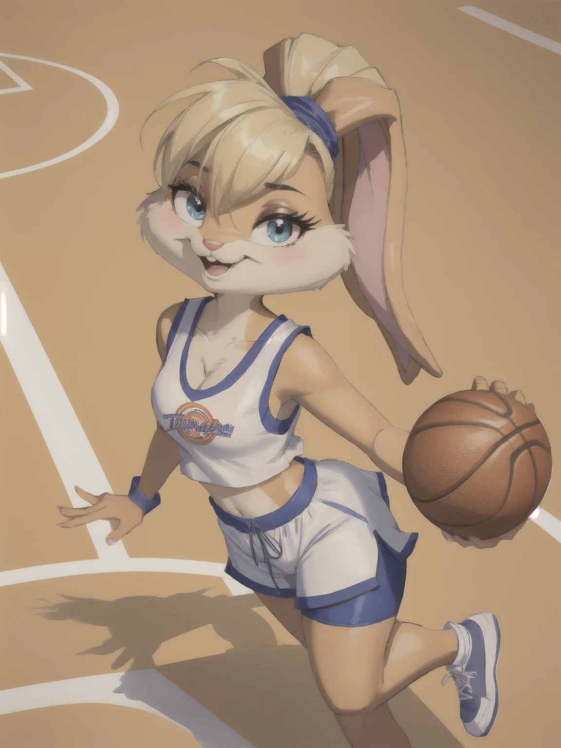 lollabanna, 1 girl, One, furry woman, bunny ears, bunny girl, animal nose, Crop top,White gloves,basketball, holding,  Blue eyes, body fur, standing, sleeveless ponytail,White shorts, protruding teeth,cowboy shot,smile,I look at the viewer, on open air, check_9, check_8_up, check_7_up, check_6_up, check_5_up, check_4_up, Lola_bunny, fabulous, ultra clarity, 4K, excellent quality, high detail, close-up, bare chest, , cum on face, sex oral dick oral, The human penis,  Zoophilia, cute sucks dick,  sucks gently, caresses with tongue, sperm dripping from mouth, balls dick, balls shaved, big dick, juicy dick, touches eggs with hands, plays with eggs