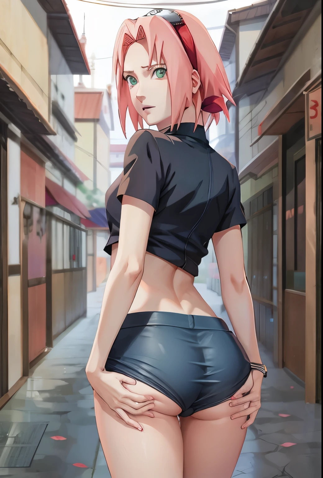 Naruto _Sakura_fight_Waifu itself, render 1 , Sakura Haruno, short hair, pink hair, green eyes , hair intakes, collarbone, forehead protector , , red hair band , Konohagakure symbol ,
pierna da, Encoders ,
(( masterpiece )),(( best quality)),( high resolution , absurdities ), original, inside, looking at the viewer, Alone, ((not)), vagina, small breasts , masturbating, masturbation, legs spread apart ,