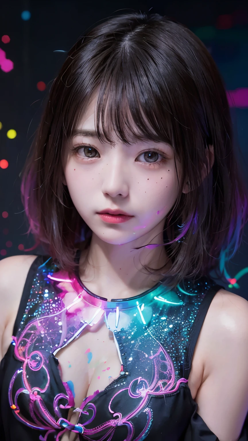 ( close),  portrait,  portrait, (Alone), Masterpiece,  top quality, High contrast clothing,  psychedelic, [[[]]], particle, bloom,   neon light, (Shine),  flat collar , Color Splash, Color Matching