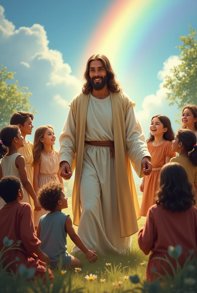 Jesus smiling amidst nature with children and animals in an HD Marvel-style drawing 
