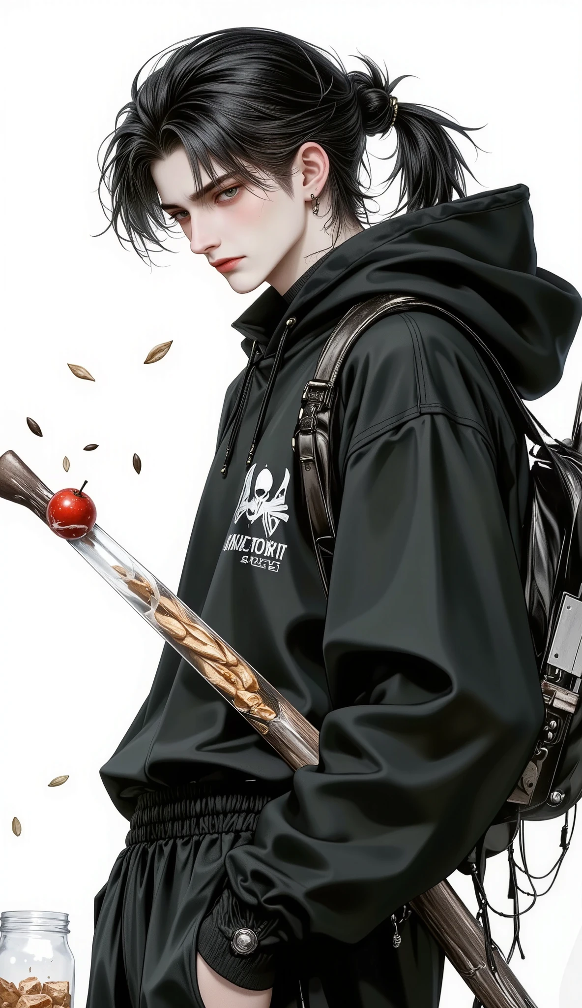 flat large general full body , centered and distant image, Roronoa Zoro, heterosexual goth couple general shot full body, buying food at a street stall :1.5, creepy hair , Perfectly centered half profile , (franco)by Donnie , standing position , abstract beauty:1.4, centered, looking at the camera medio perfil, looking at the camera , getting closer to perfection , sad, desperation , full body , hands on the head , dynamic, highly detailed , seeds, sharp focus, 8K, high definition resolution , line art illustration , Abstract black and white :1.3, , art by Carne Griffiths and Wadim Kashin , white background