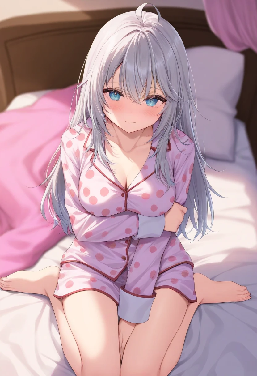 NSFW, ash grey hair and eyes, straight hair, medium size breasts, heart shaped eyes, blush, cute pajamas, cleavage, sexy panties