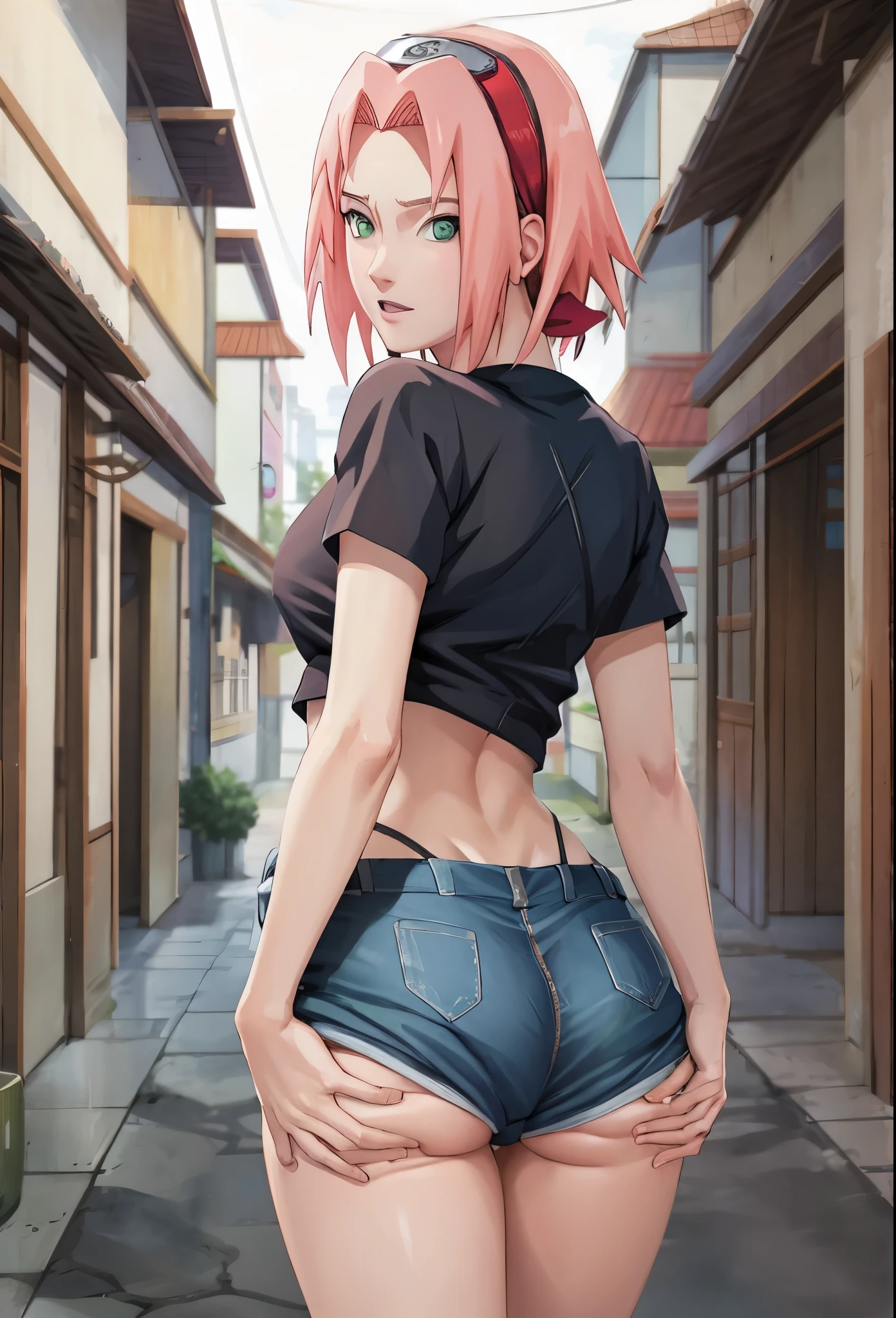  Naruto _Sakura_fight_Waifu itself, render 1  , Sakura Haruno,  short hair, pink hair,  green eyes , hair intakes,  collarbone,  forehead protector , ,  red hair band ,  Konohagakure symbol ,
pierna da,  Encoders , 
(( masterpiece )),(( best quality)),( high resolution ,  absurdities ), original, inside,  looking at the viewer, Alone, ((not)), vagina,  small breasts , masturbating,  masturbation,  legs spread apart , 