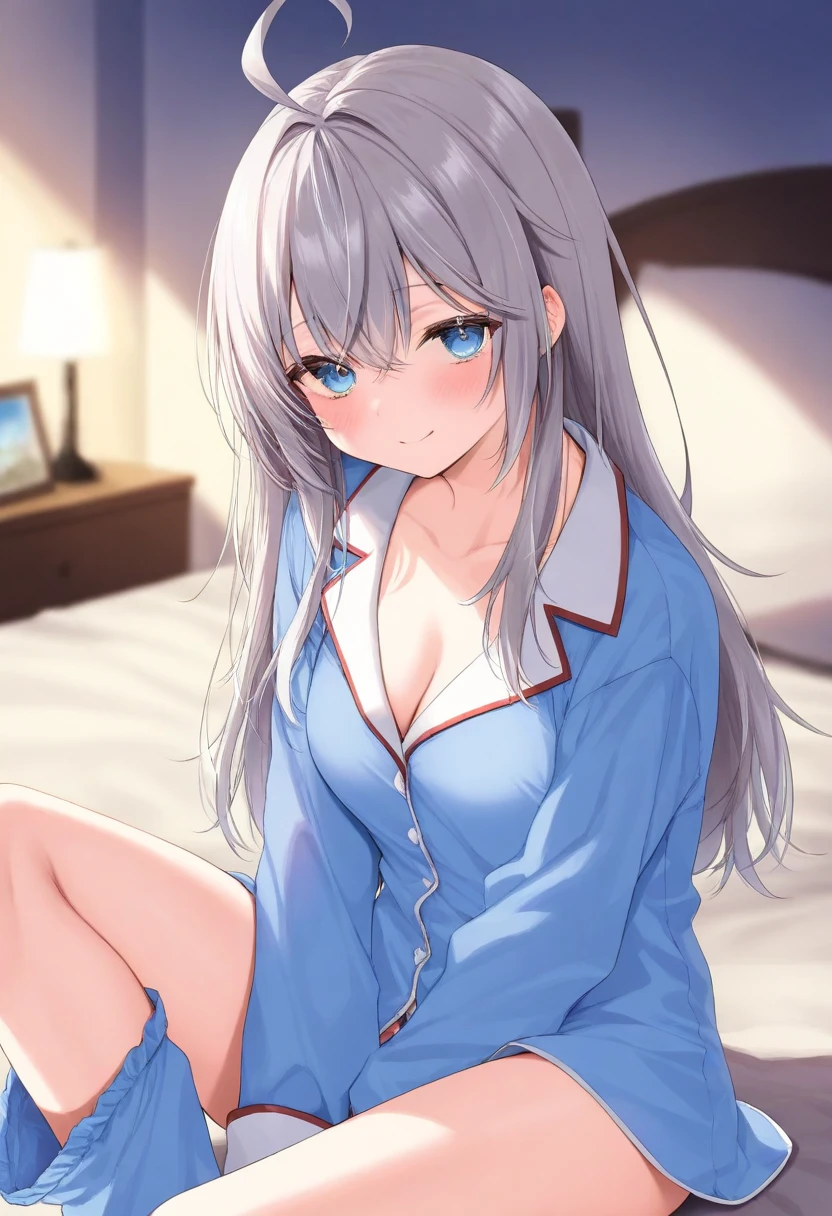 masterpiece, best quality, highres, kei1, 1girl, solo, blue eyes, long hair, (wears an attractive feminine lacery), ribbon, bangs, collarbone, gray hair, black hair band, neck ribbon, hair between eyes, medium breasts, cowboy shot, smile, anatomically correct full body, this inside a hotel room, this sitting on a bed with her legs open,  has a lusty pose, complete escenario detallado