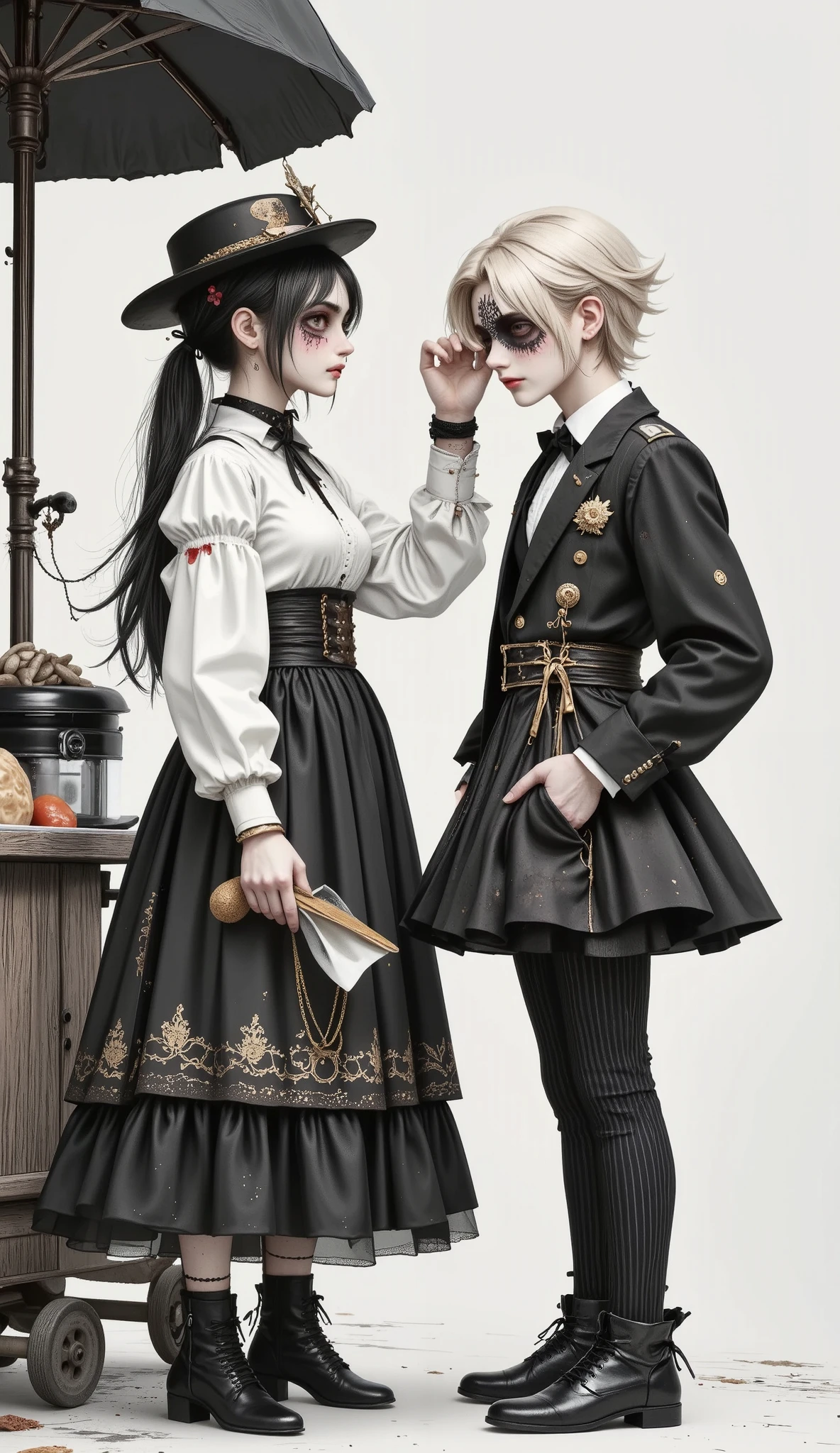 flat large general full body , centered and distant image, Roronoa Zoro, heterosexual goth couple general shot full body:1.55, buying food at a street stall :1.5, creepy hair , Perfectly centered half profile , (franco)by Donnie , standing position , abstract beauty:1.4, centered, looking at the camera medio perfil, looking at the camera , getting closer to perfection , sad, desperation , full body , hands on the head , dynamic, highly detailed , seeds, sharp focus, 8K, high definition resolution , line art illustration , Abstract black and white :1.3, , art by Carne Griffiths and Wadim Kashin , white background