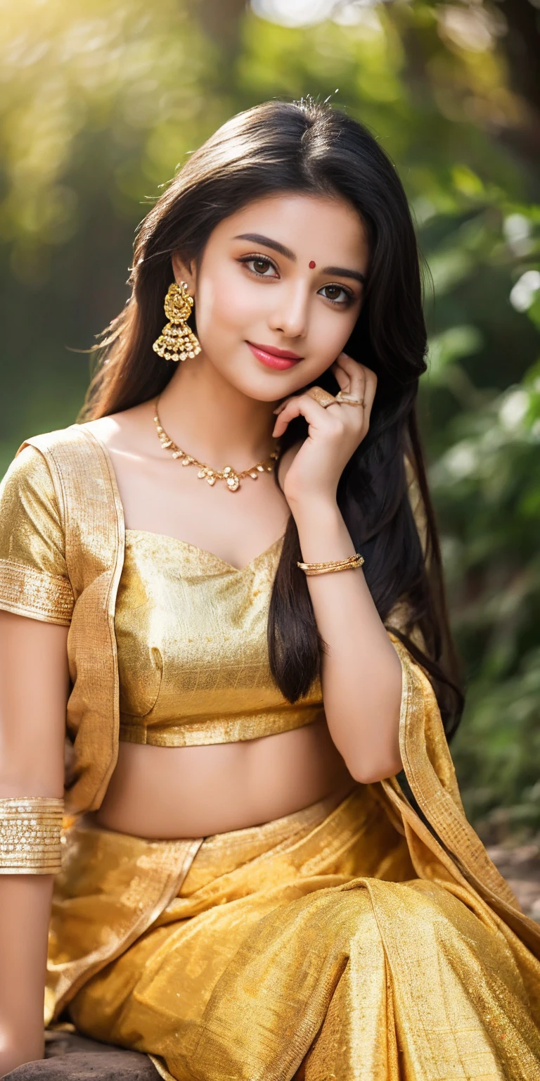 8K, ultra high detailed, an indian girl, cute face, happy, long hair, impressive hairstyle, detailed eyes, detailed lips, indian clothes, saree, yello saree, lace, wearing jewellery, nature background, flowers, morning, shadow, clear weather, whole body capture,