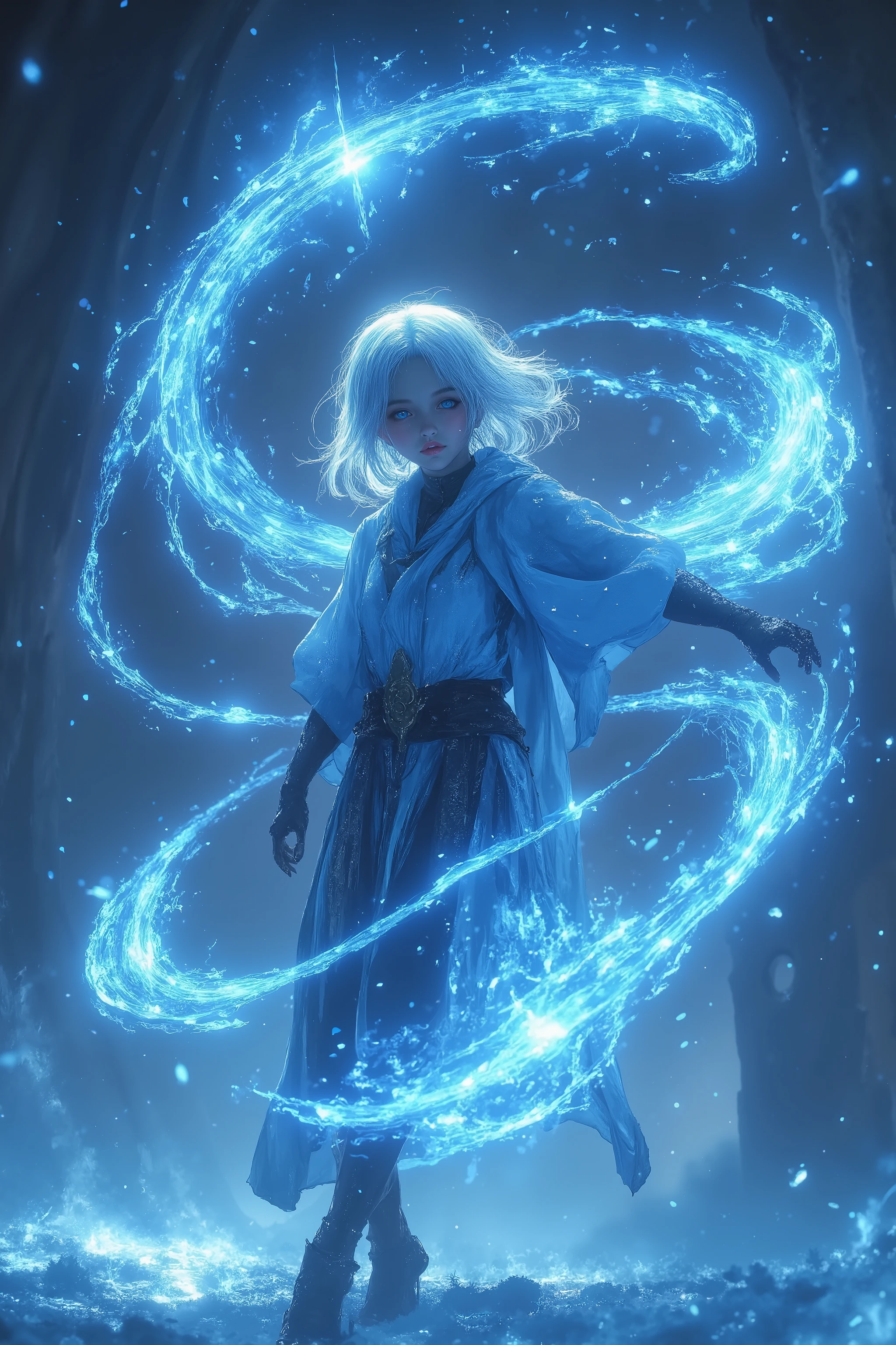young woman casting an ice spell, ice power in the form of a frost snake that circles around the character, big blue eyes, beautiful face, rather short mage clothes, no hat, short white hair, scar on the eye, different colored eyes, motion effects, better quality, better light, best color, dynamic posture, snowstorm background, blur effects