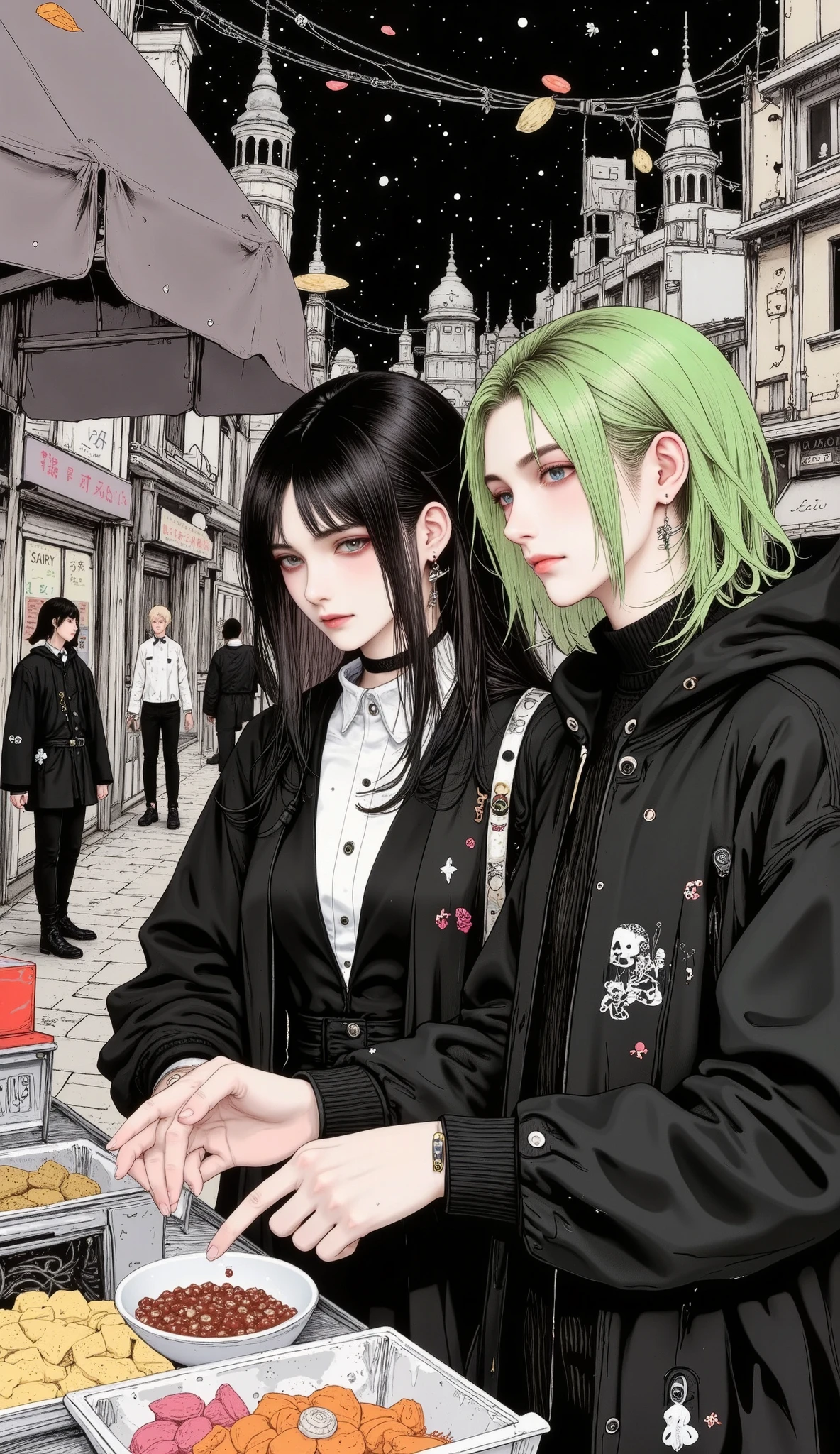flat large general full body , centered and distant image, Roronoa Zoro, heterosexual goth couple general shot full body:1.55, buying food at a street stall :1.5, creepy hair , Perfectly centered half profile , (franco)by Donnie , standing position , abstract beauty:1.4, centered, looking at the camera medio perfil, looking at the camera , getting closer to perfection , sad, desperation , full body , hands on the head , dynamic, highly detailed , seeds, sharp focus, 8K, high definition resolution , line art illustration , Abstract black and white :1.3, , art by Carne Griffiths and Wadim Kashin , starry sky background , Gothic buildings , cobbled street